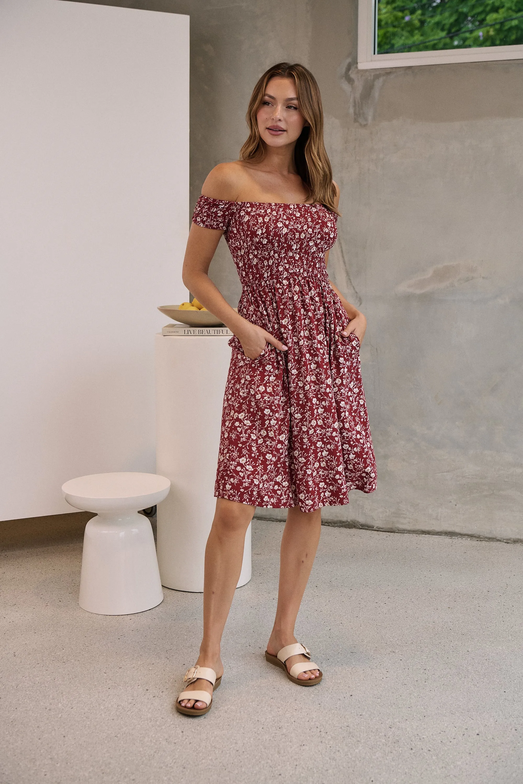 Soleil Shirred Red Floral Off Shoulder Midi Dress