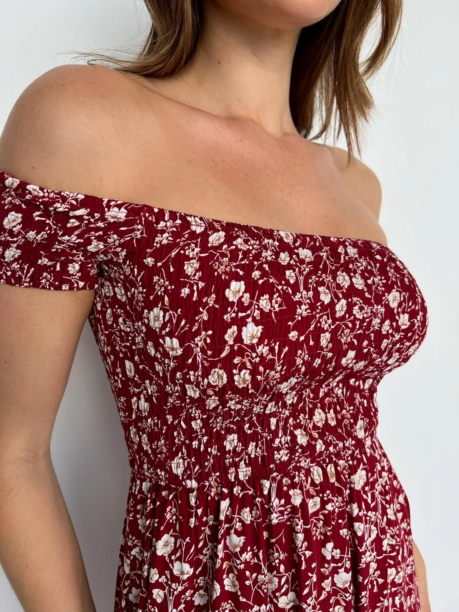 Soleil Shirred Red Floral Off Shoulder Midi Dress