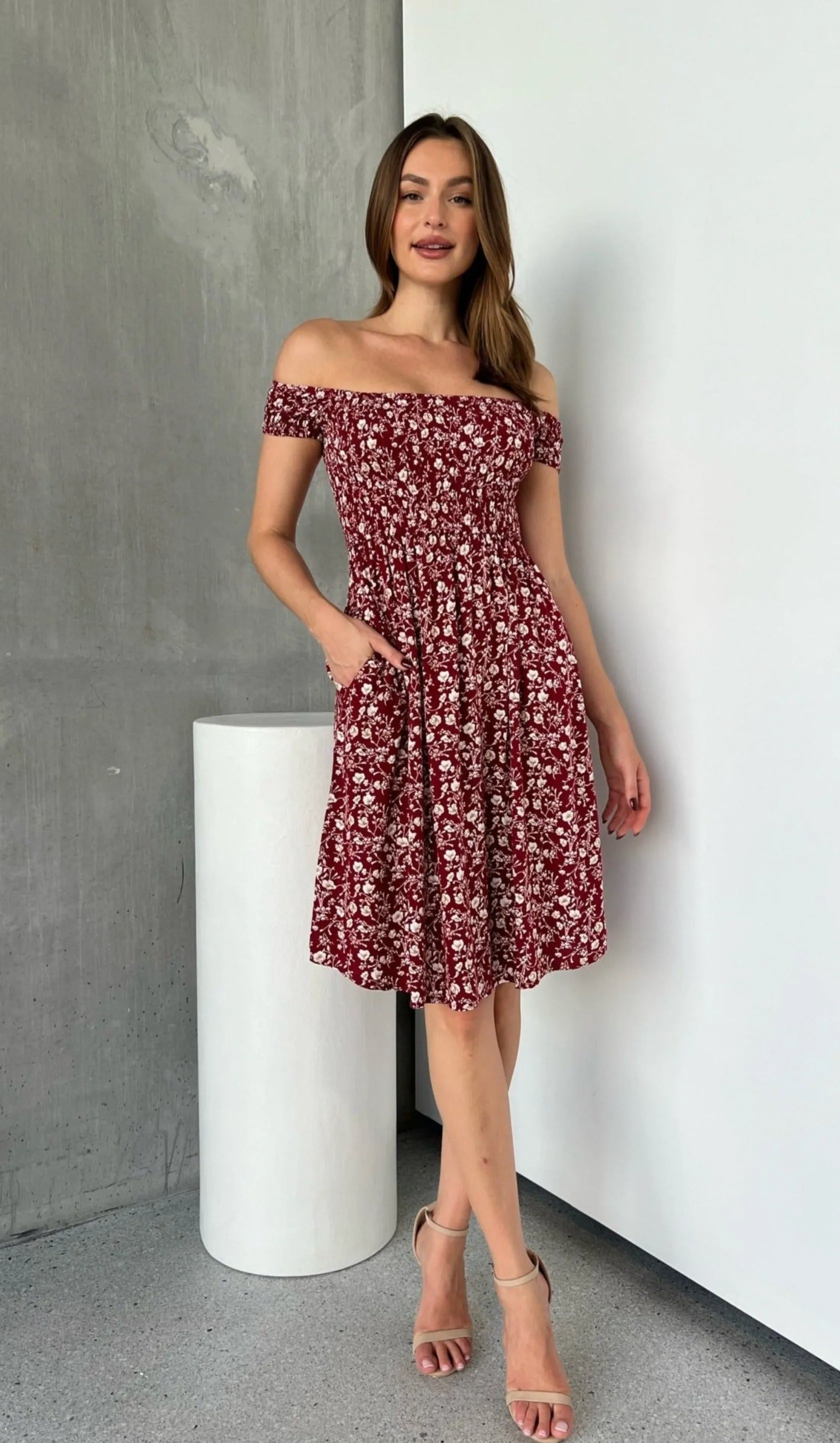 Soleil Shirred Red Floral Off Shoulder Midi Dress