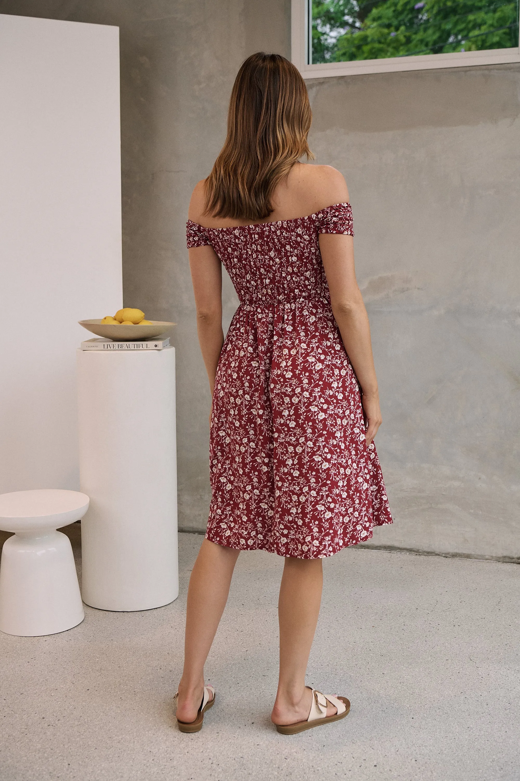 Soleil Shirred Red Floral Off Shoulder Midi Dress