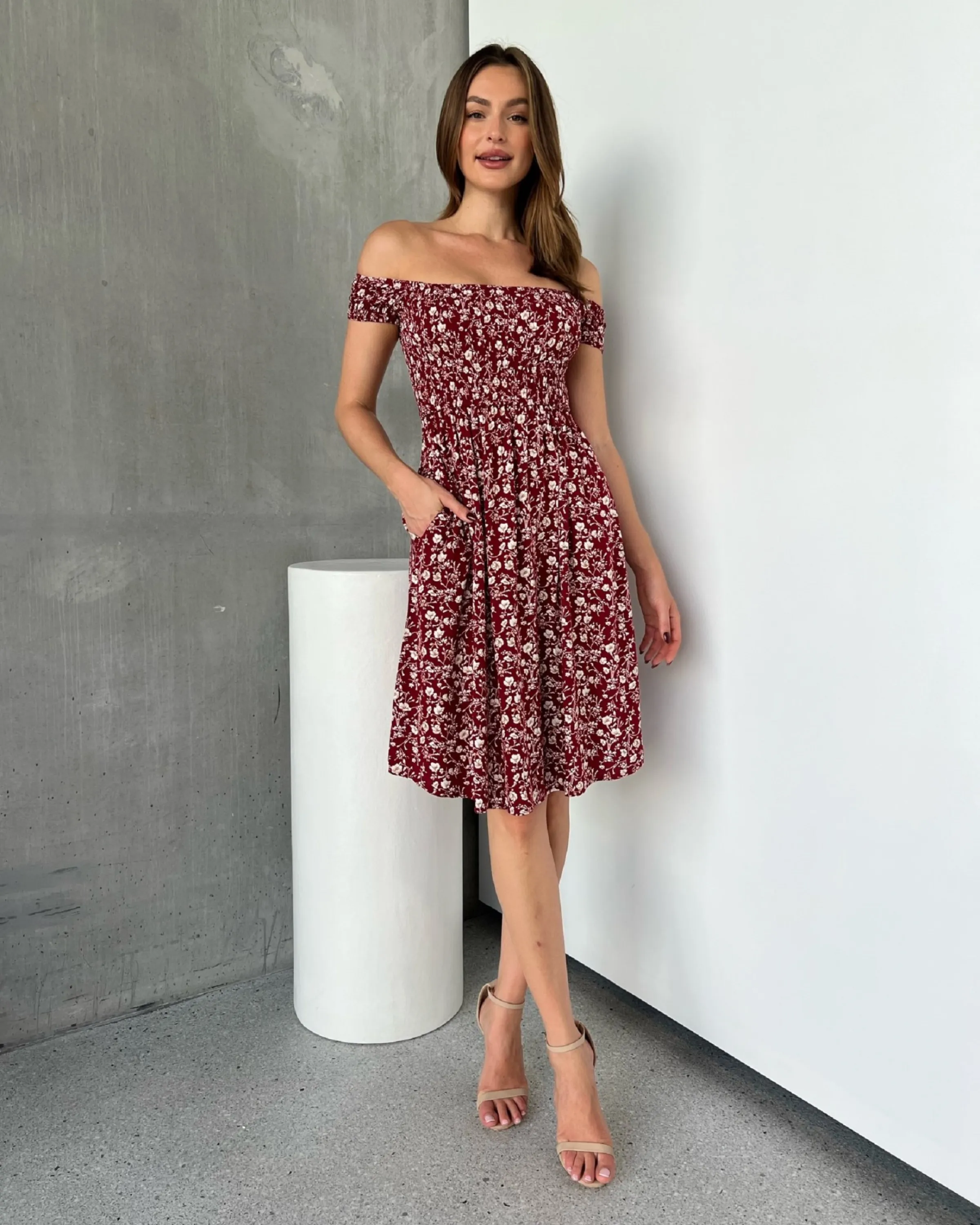 Soleil Shirred Red Floral Off Shoulder Midi Dress