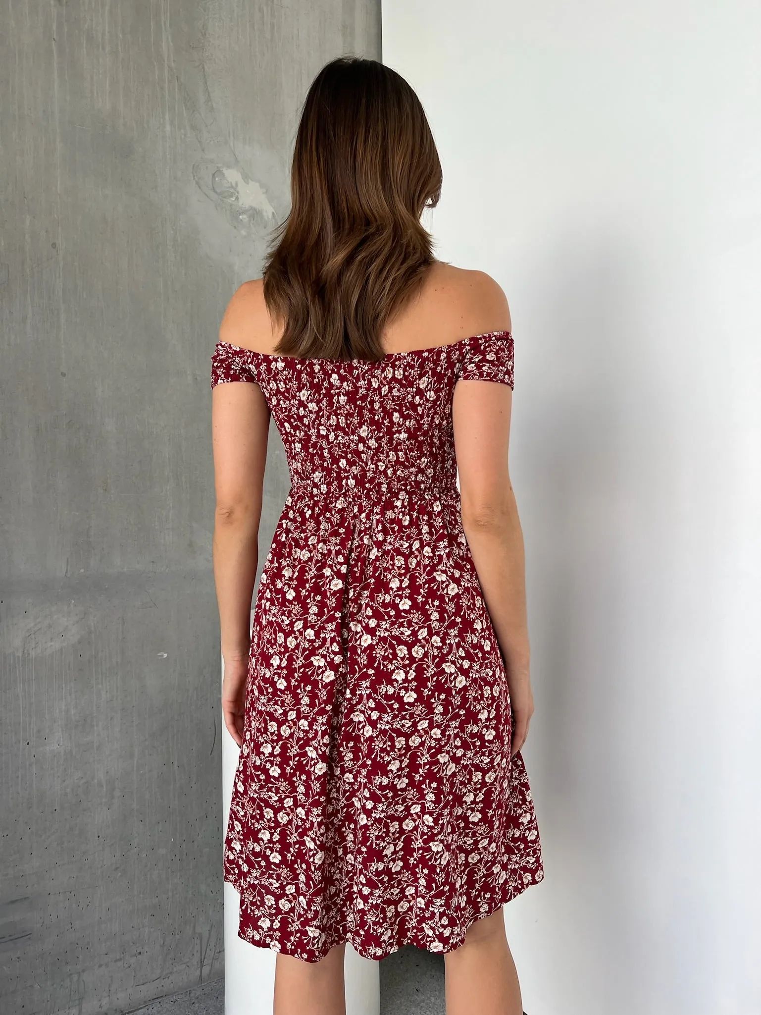 Soleil Shirred Red Floral Off Shoulder Midi Dress