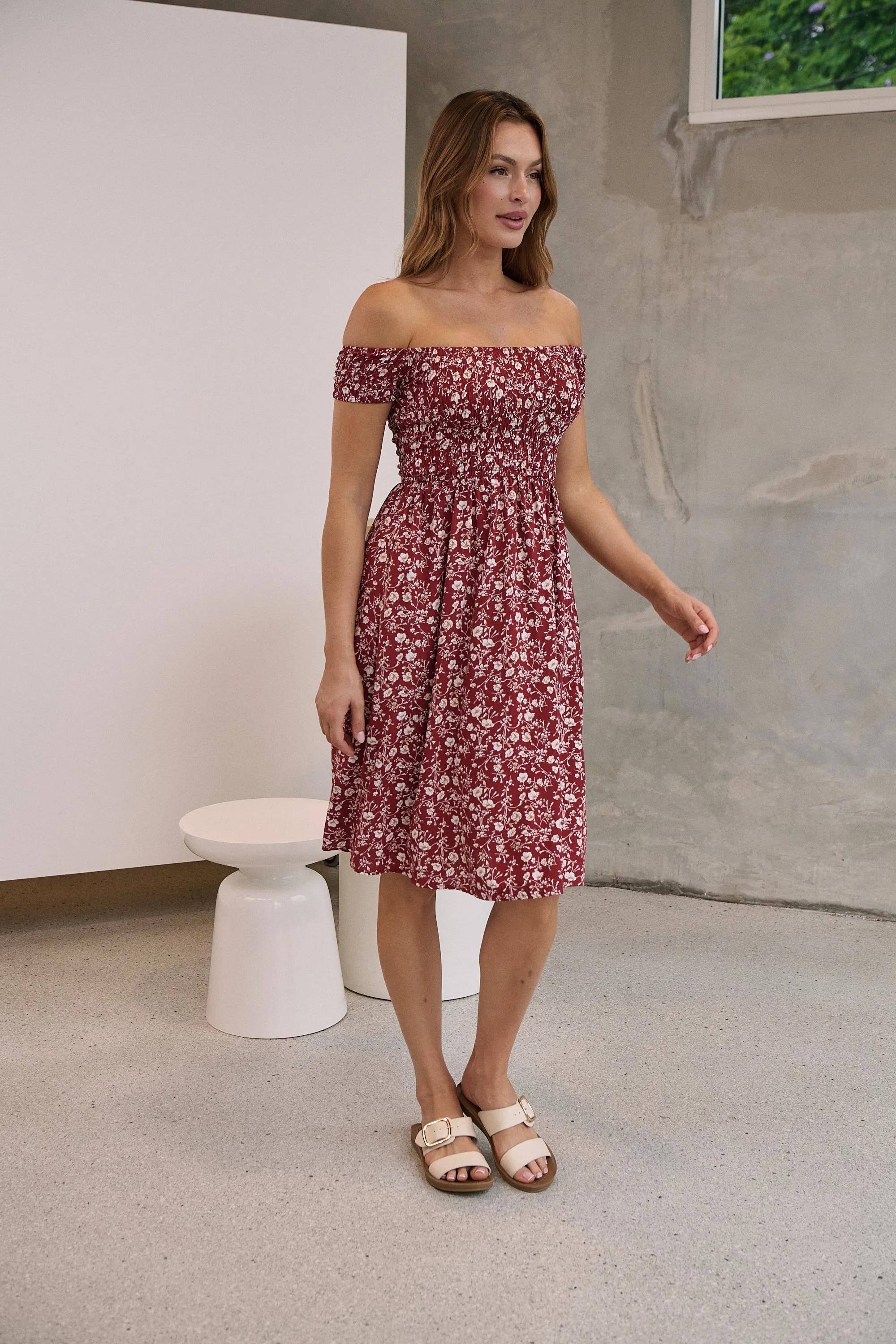 Soleil Shirred Red Floral Off Shoulder Midi Dress