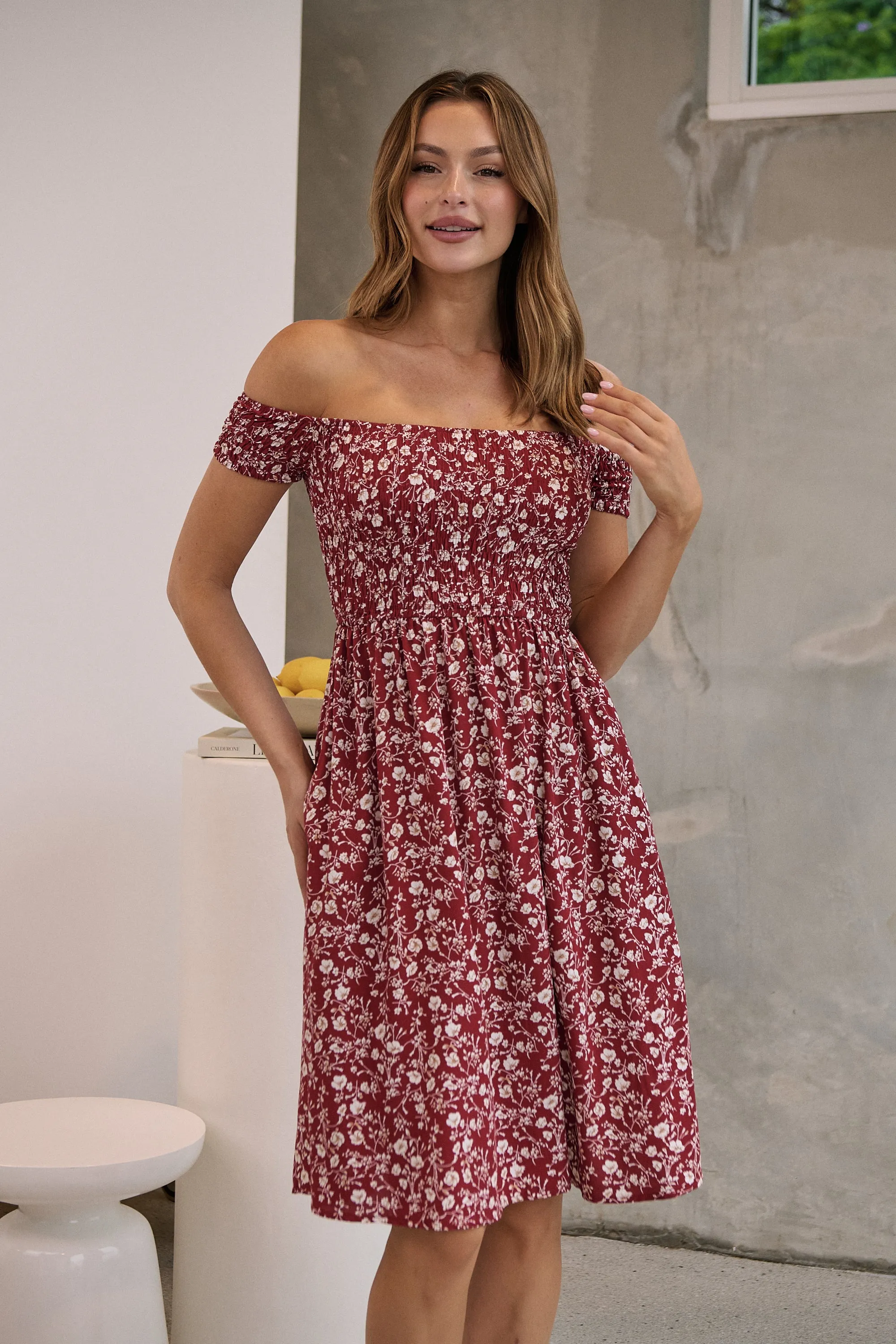 Soleil Shirred Red Floral Off Shoulder Midi Dress