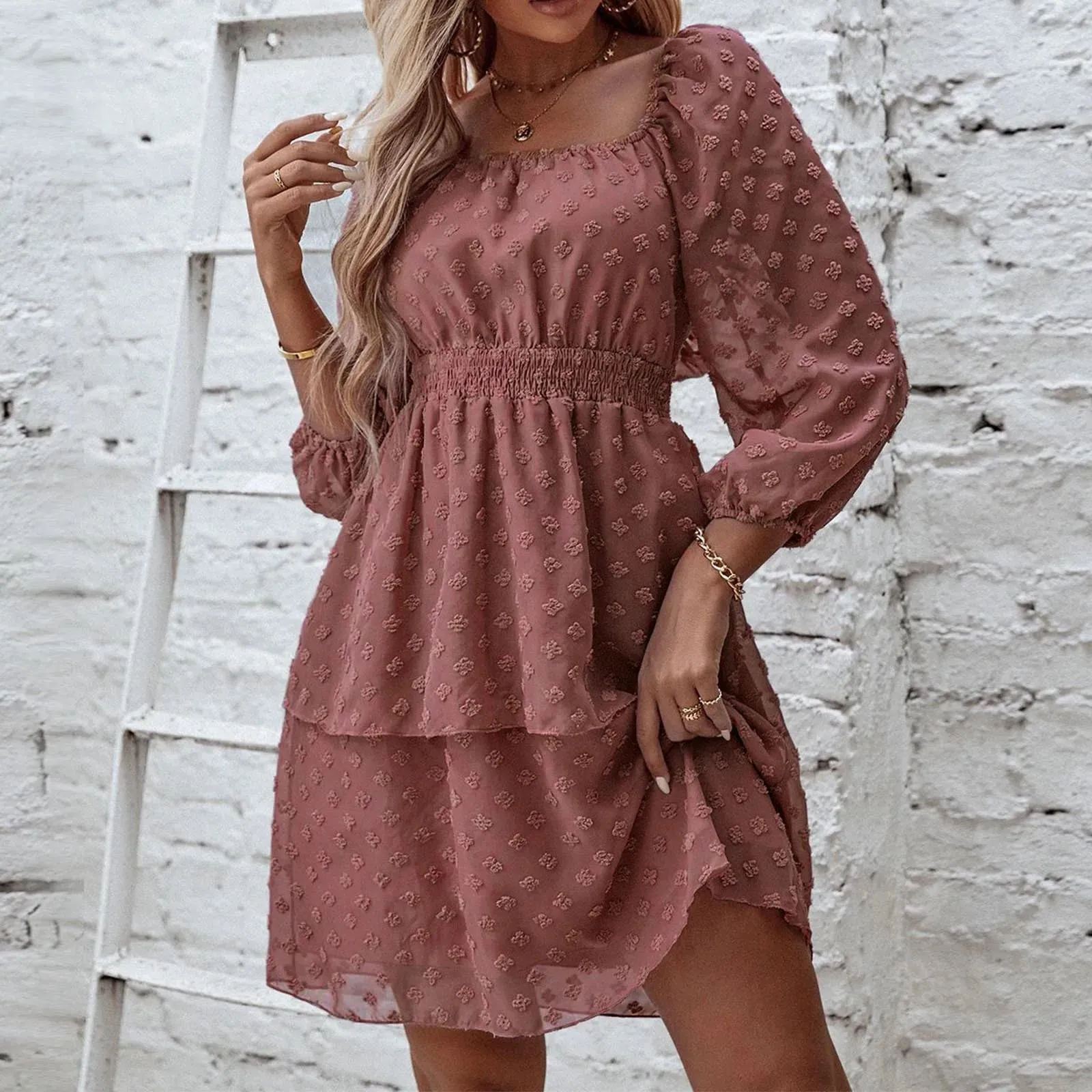 Solid Color Long Sleeve Square Neck Embroidery Flower Loose Swing Midi Bohemian Dress