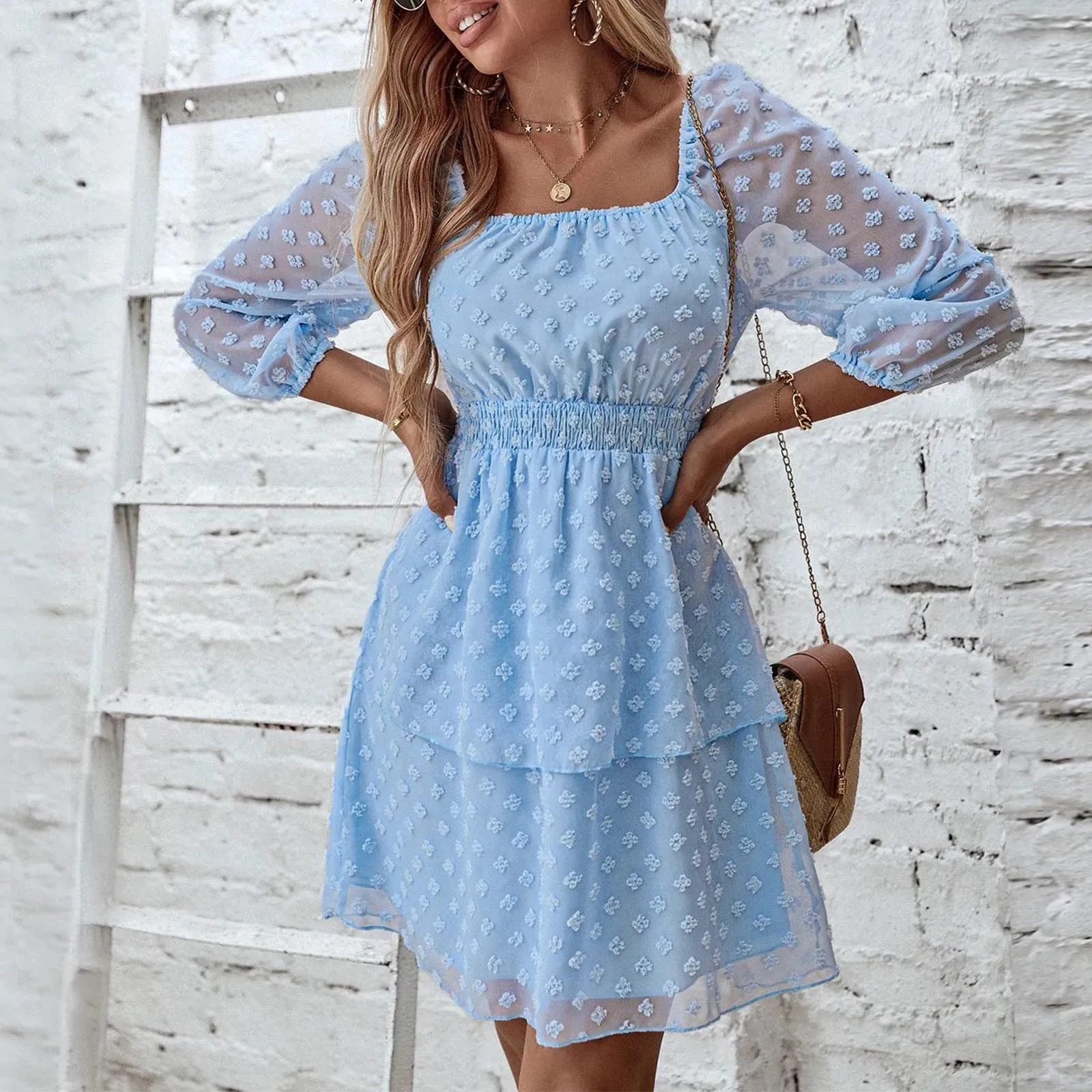 Solid Color Long Sleeve Square Neck Embroidery Flower Loose Swing Midi Bohemian Dress