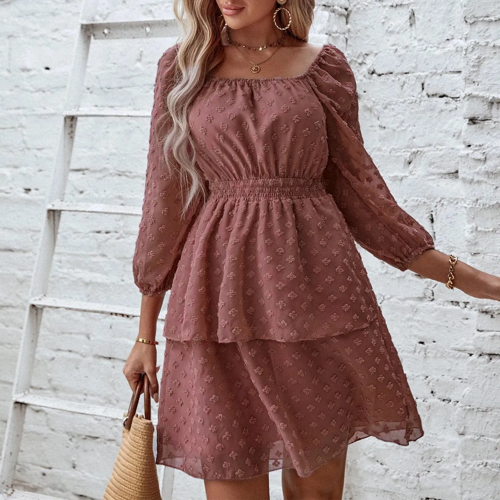 Solid Color Long Sleeve Square Neck Embroidery Flower Loose Swing Midi Bohemian Dress