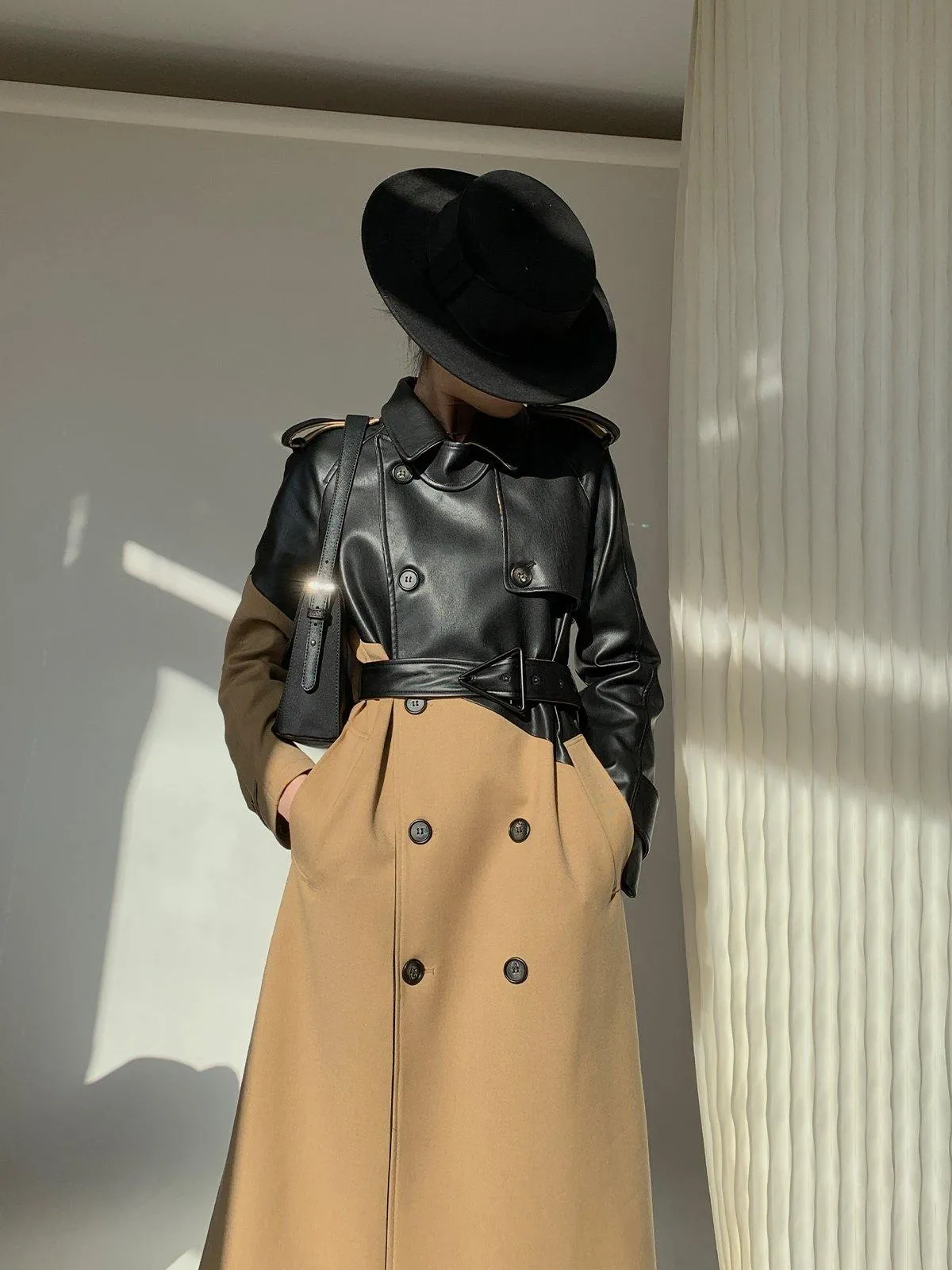 Splice Double-Breasted Trench Coat - Dark Brown / Camel