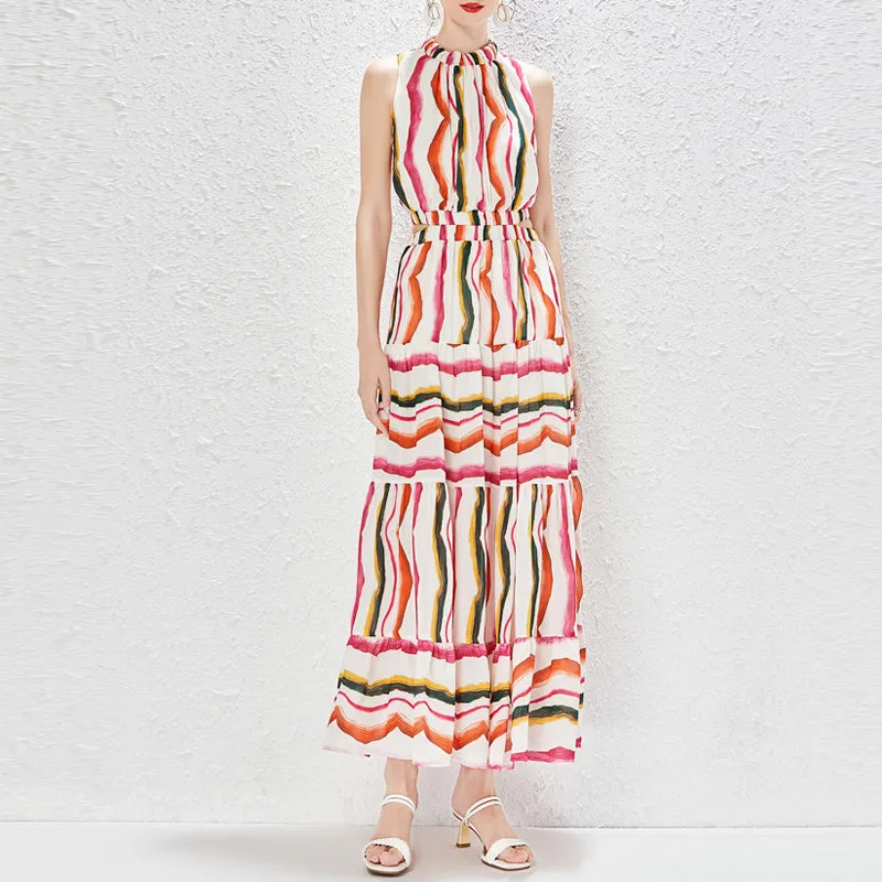 Striped Sleeveless Hollow-Out O-Neck Dress