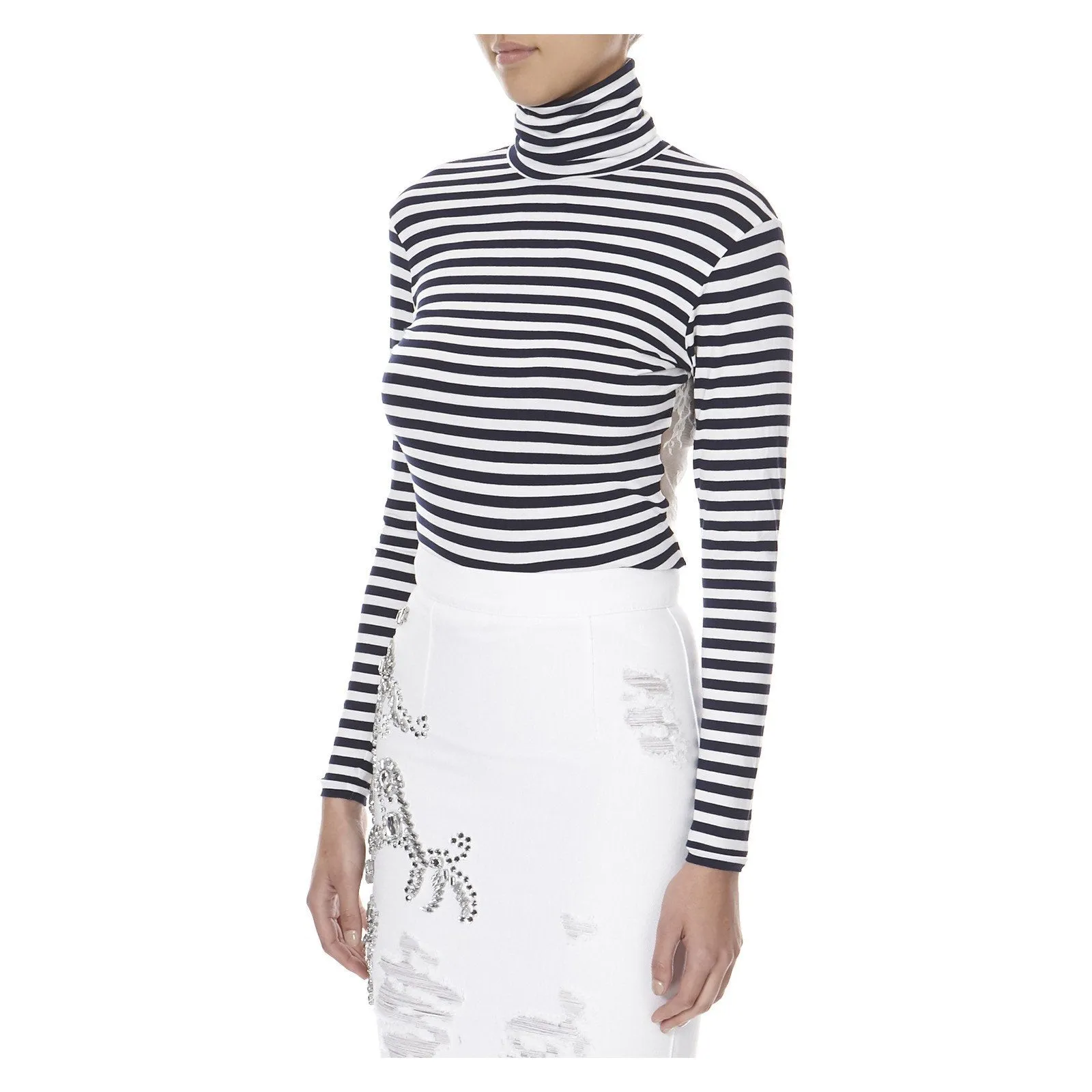 STRIPED TURTLENECK TOP WITH LACE BACK