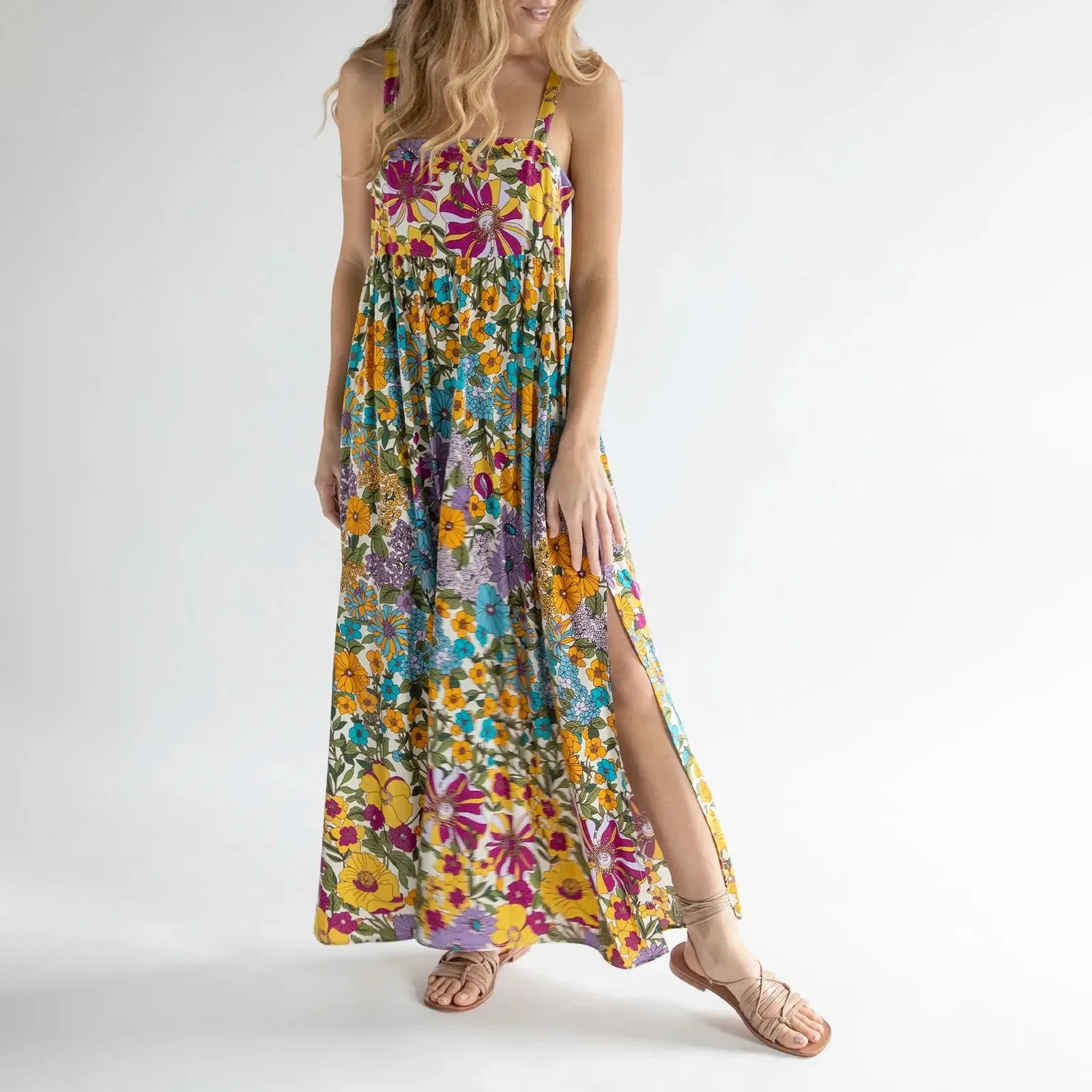 Summer Beach Long Sleeveless Spaghetti Strap Floral Print Split Summer Bohemian Dress