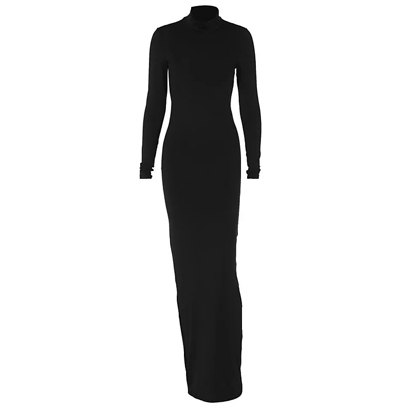 Summer Women High Collar Long Sleeve Backless Sexy Slim Fit Maxi Dress Print Dress