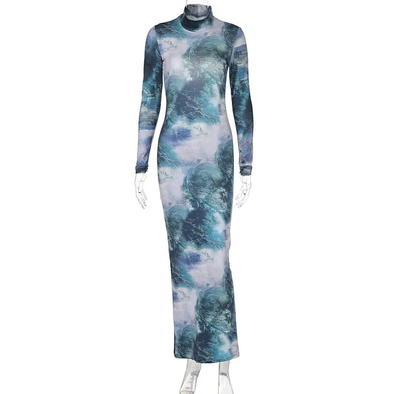 Summer Women High Collar Long Sleeve Backless Sexy Slim Fit Maxi Dress Print Dress