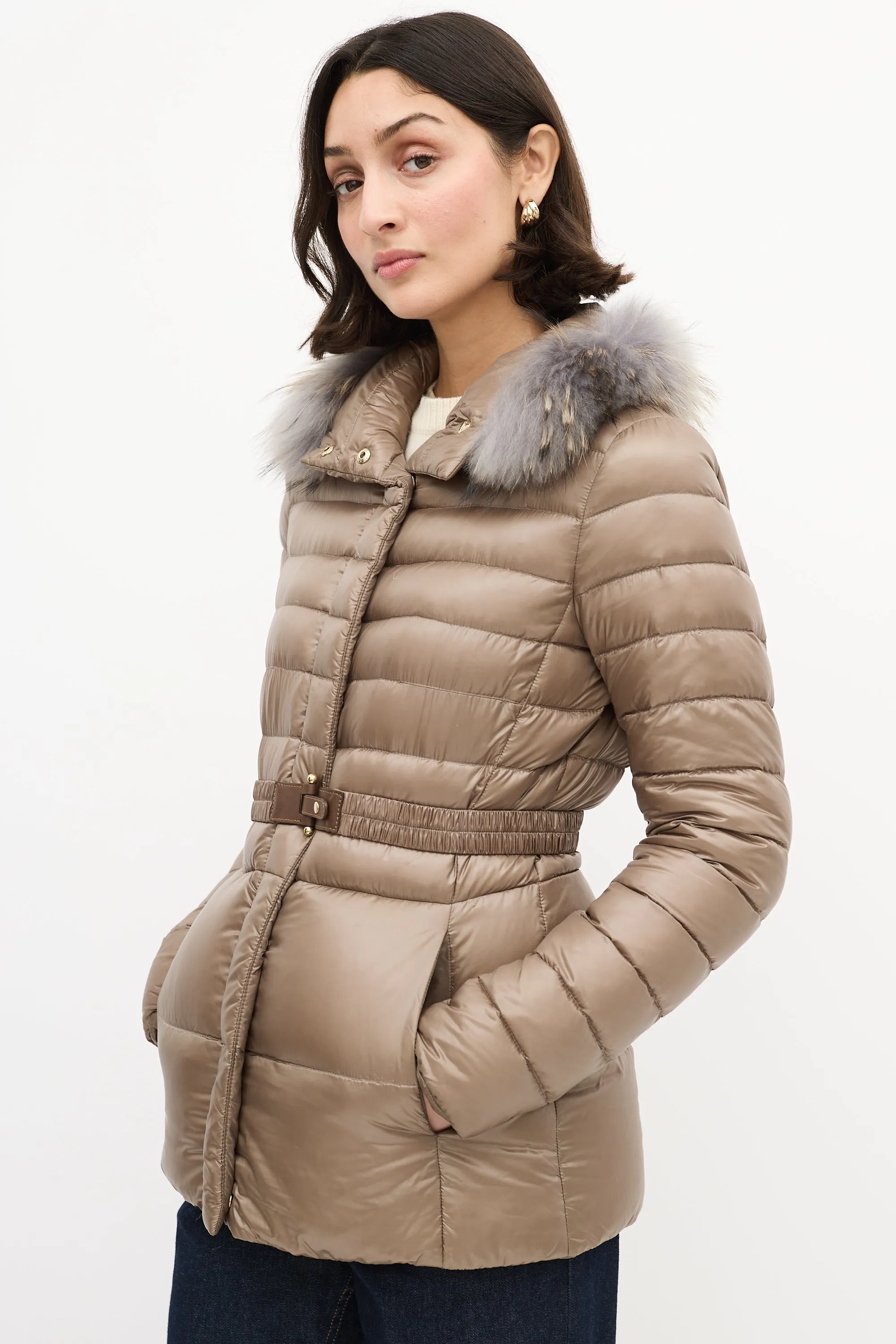 Taupe Quilted Down & Fur Claudia Jacket