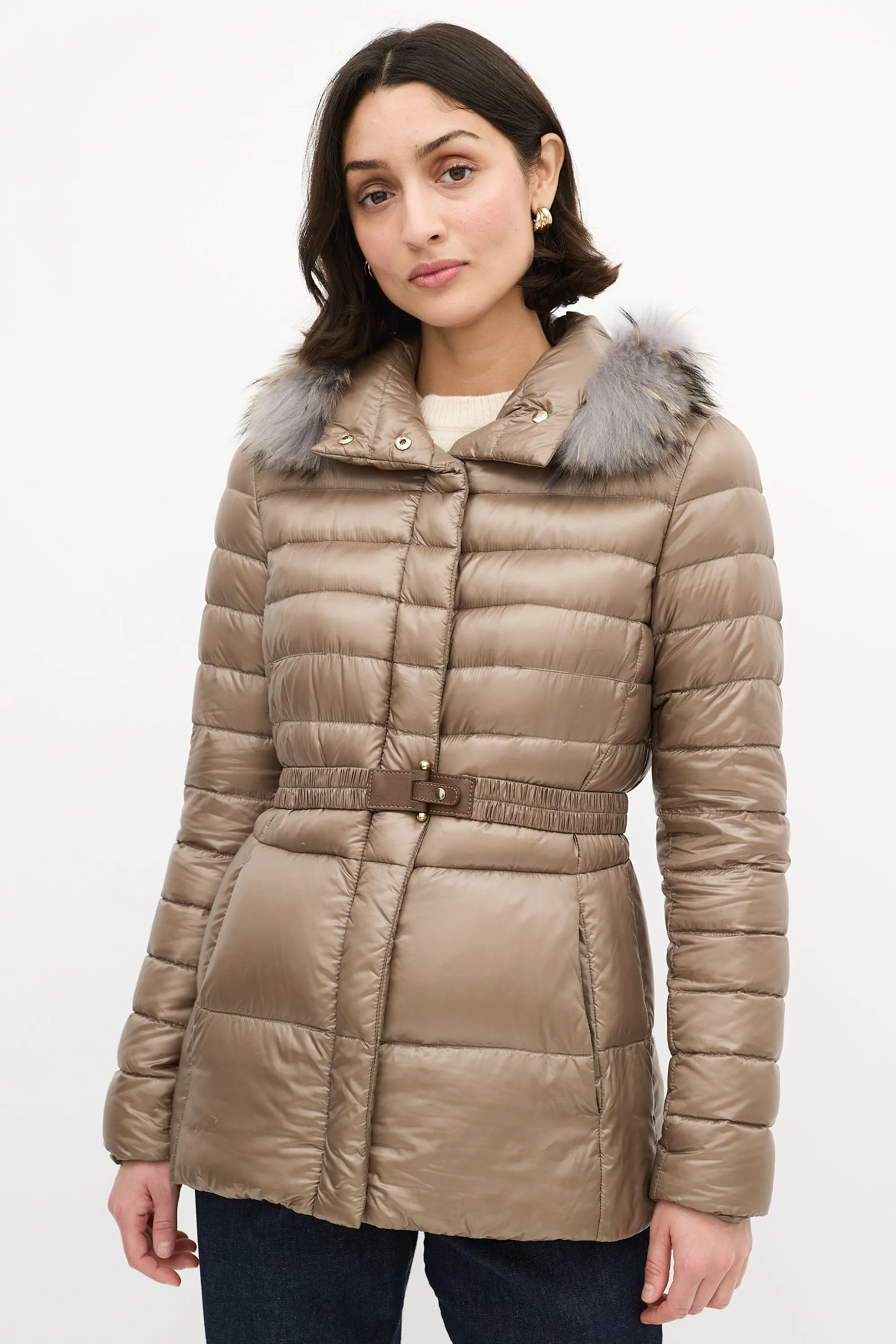 Taupe Quilted Down & Fur Claudia Jacket