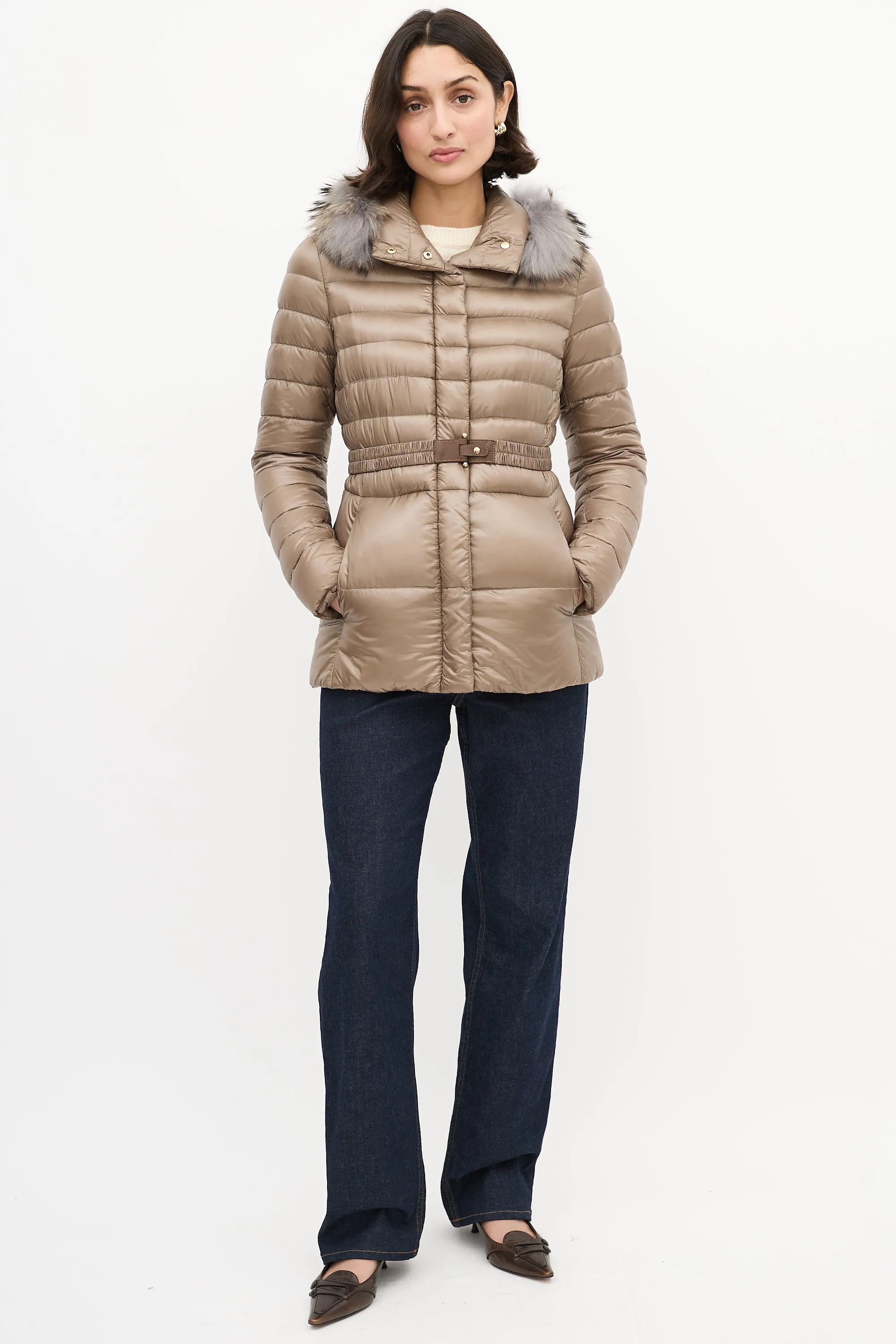 Taupe Quilted Down & Fur Claudia Jacket