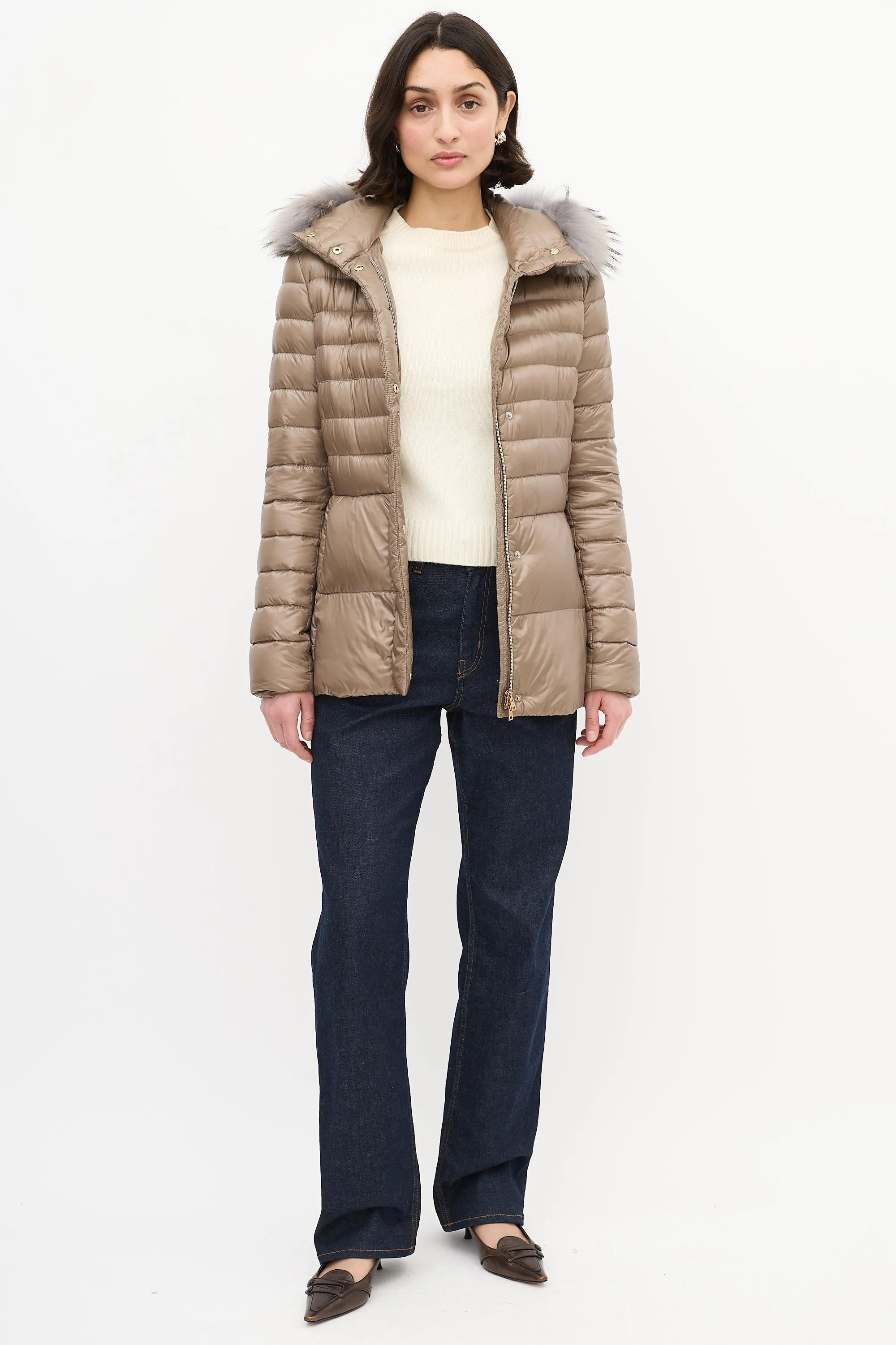 Taupe Quilted Down & Fur Claudia Jacket