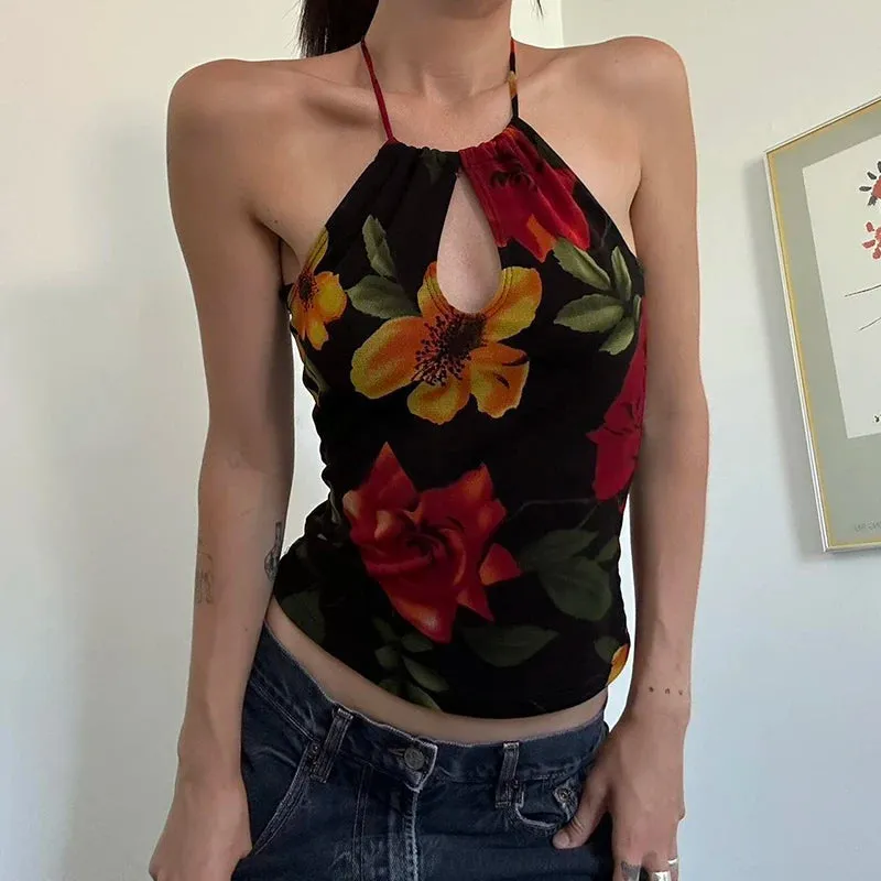 TAVIMART  -  Vintage Floral Print Backless Cami Top Cut Out Front Women Sexy Halter Tank Tops Y2K Fashion Slim Vest Summer Outfits