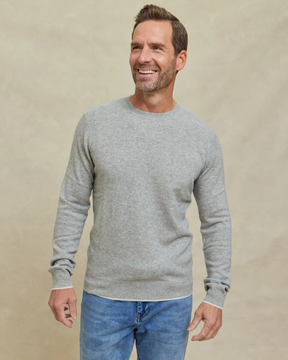 The Walker - Cashmere Crew Neck Sweater w/Tipping - Grey / Ivory