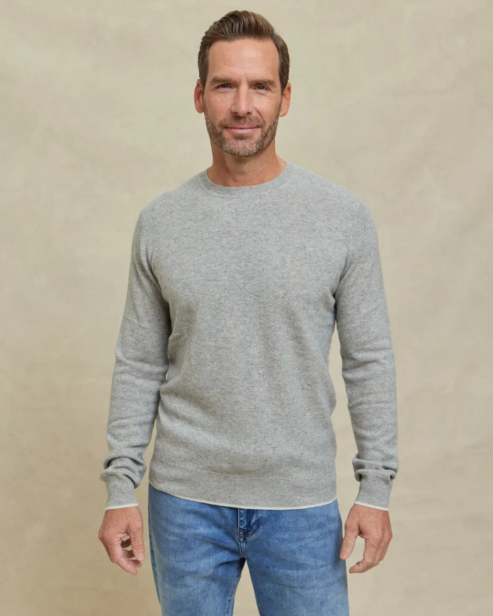 The Walker - Cashmere Crew Neck Sweater w/Tipping - Grey / Ivory