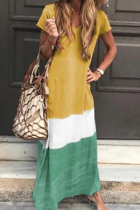 Tri-colored V-neck Maxi Dress With Short Sleeves