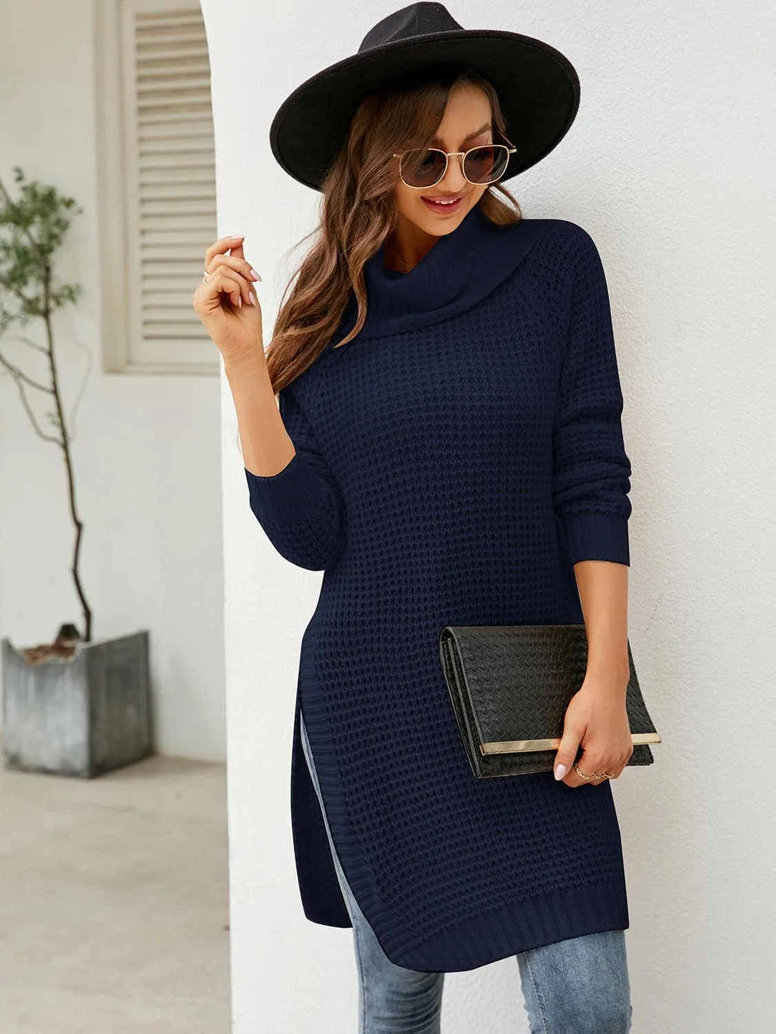 Turtleneck Slit Sweater Dress