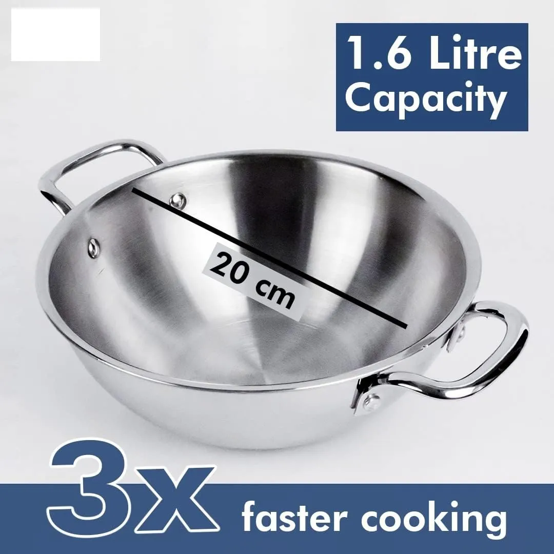 UMAI X Savya Home Triply Stainless Steel Kadai with Lid | 20 cm Diameter | 1.6 L Capacity | Stove & Induction Cookware | Heat Surround Cooking | Triply Stainless Steel cookware with lid