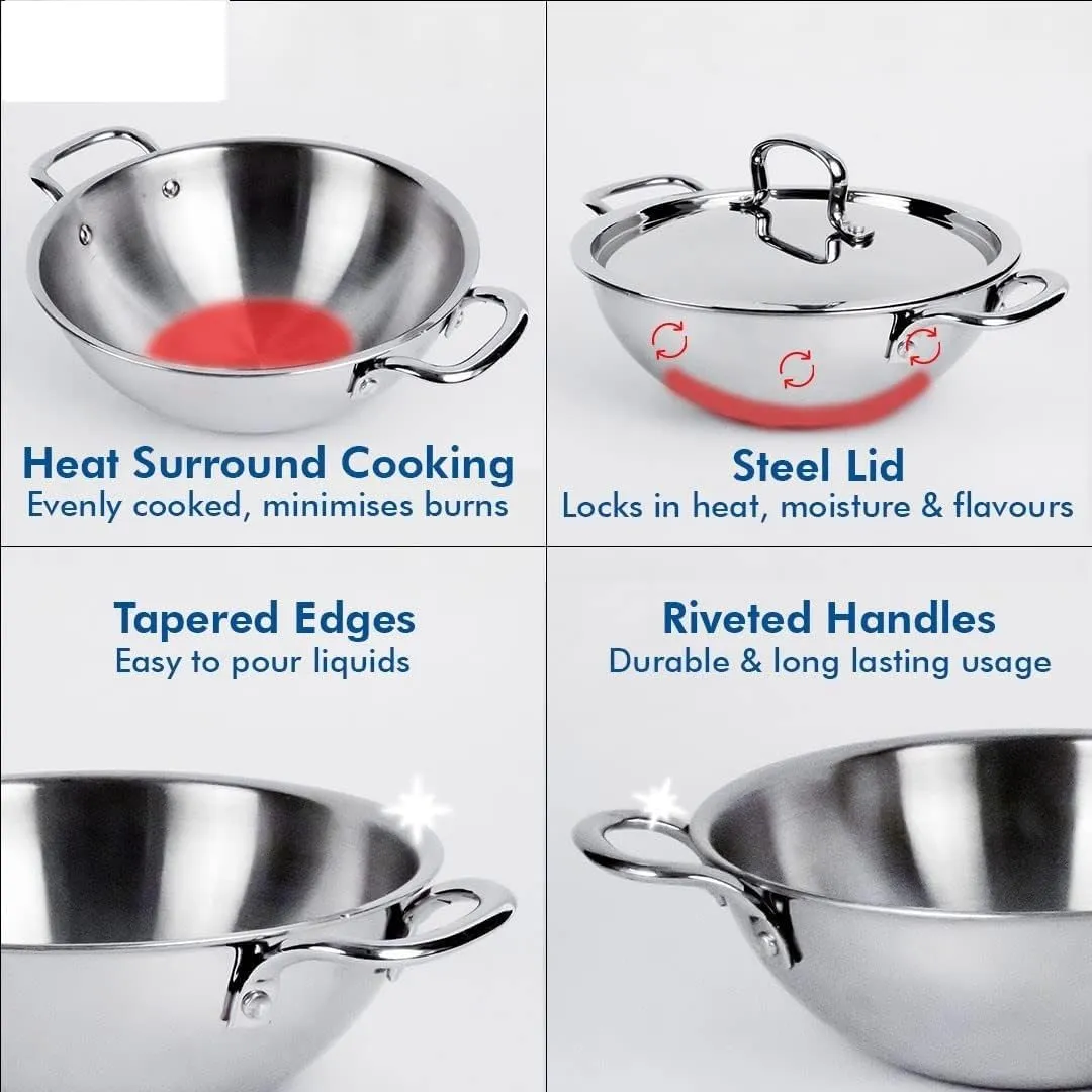 UMAI X SAVYA Home Triply Stainless Steel Kadai with Lid | 22 cm Diameter | 2.2 L Capacity | Stove & Induction Cookware | Heat Surround Cooking | Triply Stainless Steel cookware with lid