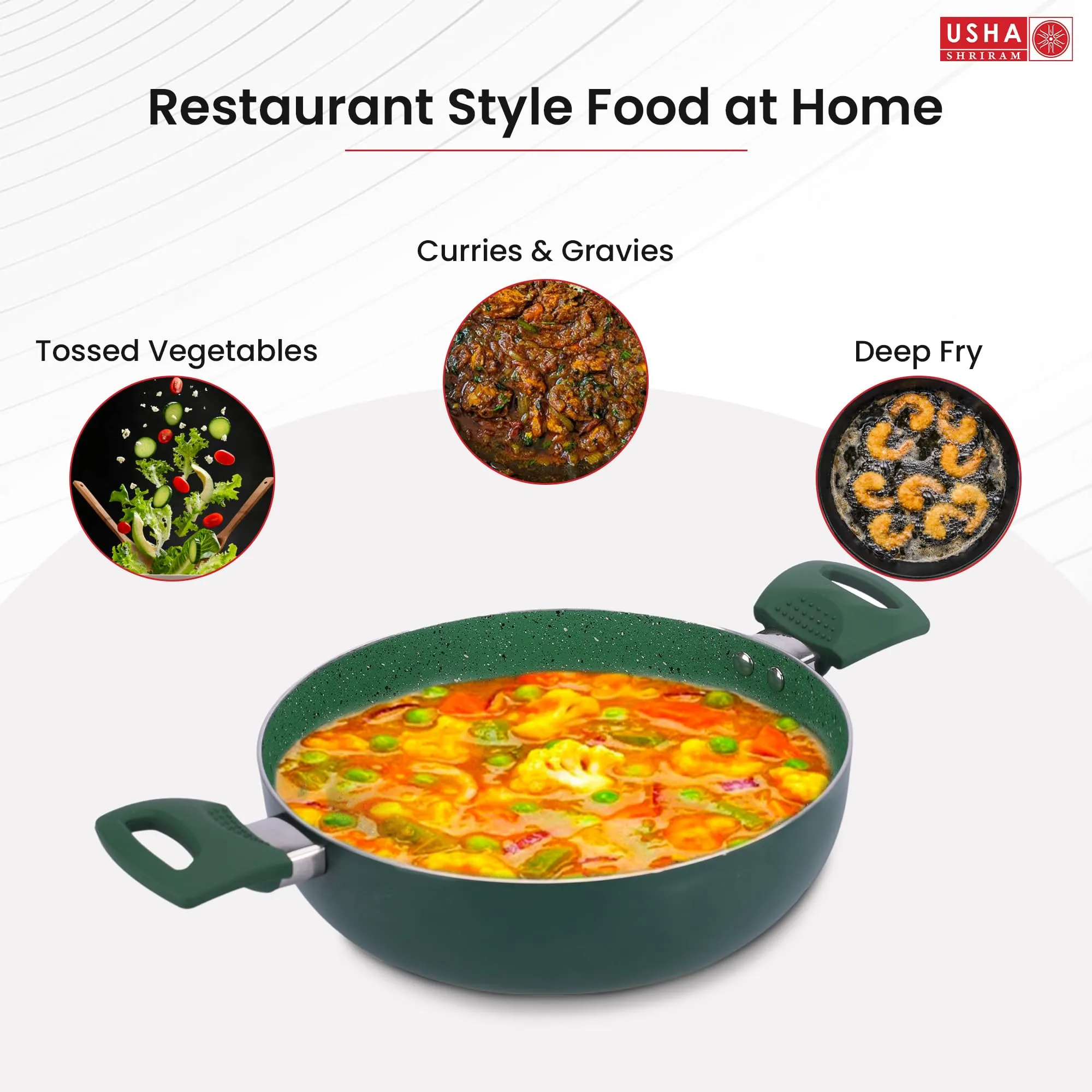 USHA SHRIRAM Non Stick Kadai with Lid | 26 cm Diameter | 3.6 L Capacity | Stove Cookware | Heat Surround Cooking | Aluminium Kadai with Lid | Deep Base Kadai | Deep Fry Kadai