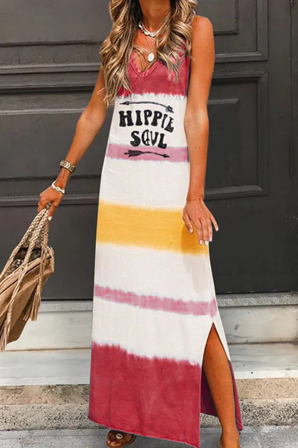 V-neck Letter Print Slit Tank Maxi Dress