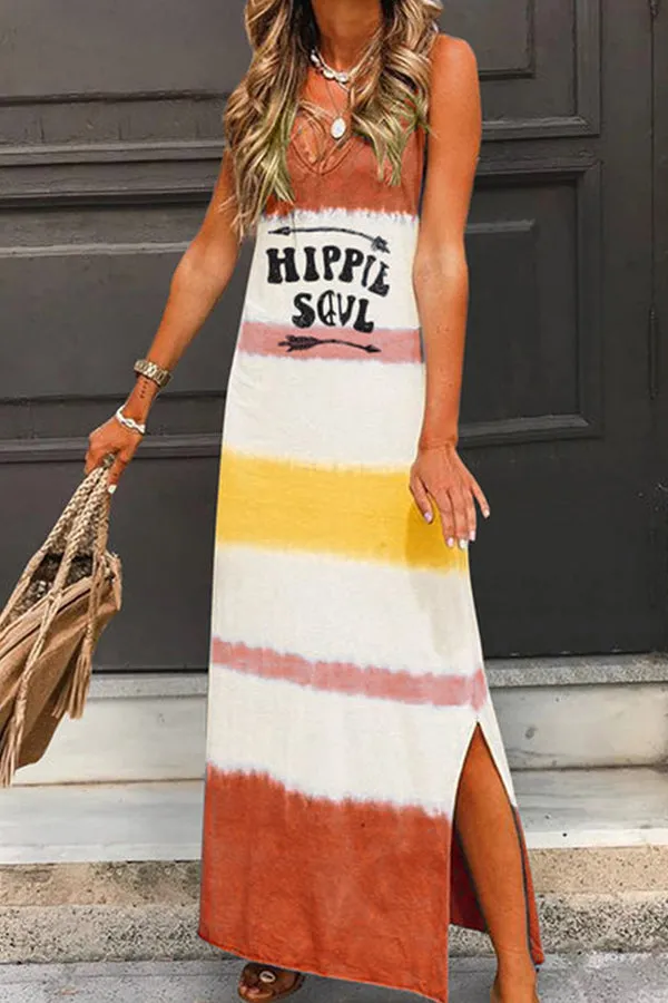 V-neck Letter Print Slit Tank Maxi Dress