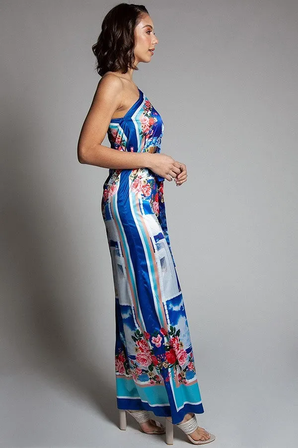 Vacation In Greece Floral One Shoulder Maxi Dress