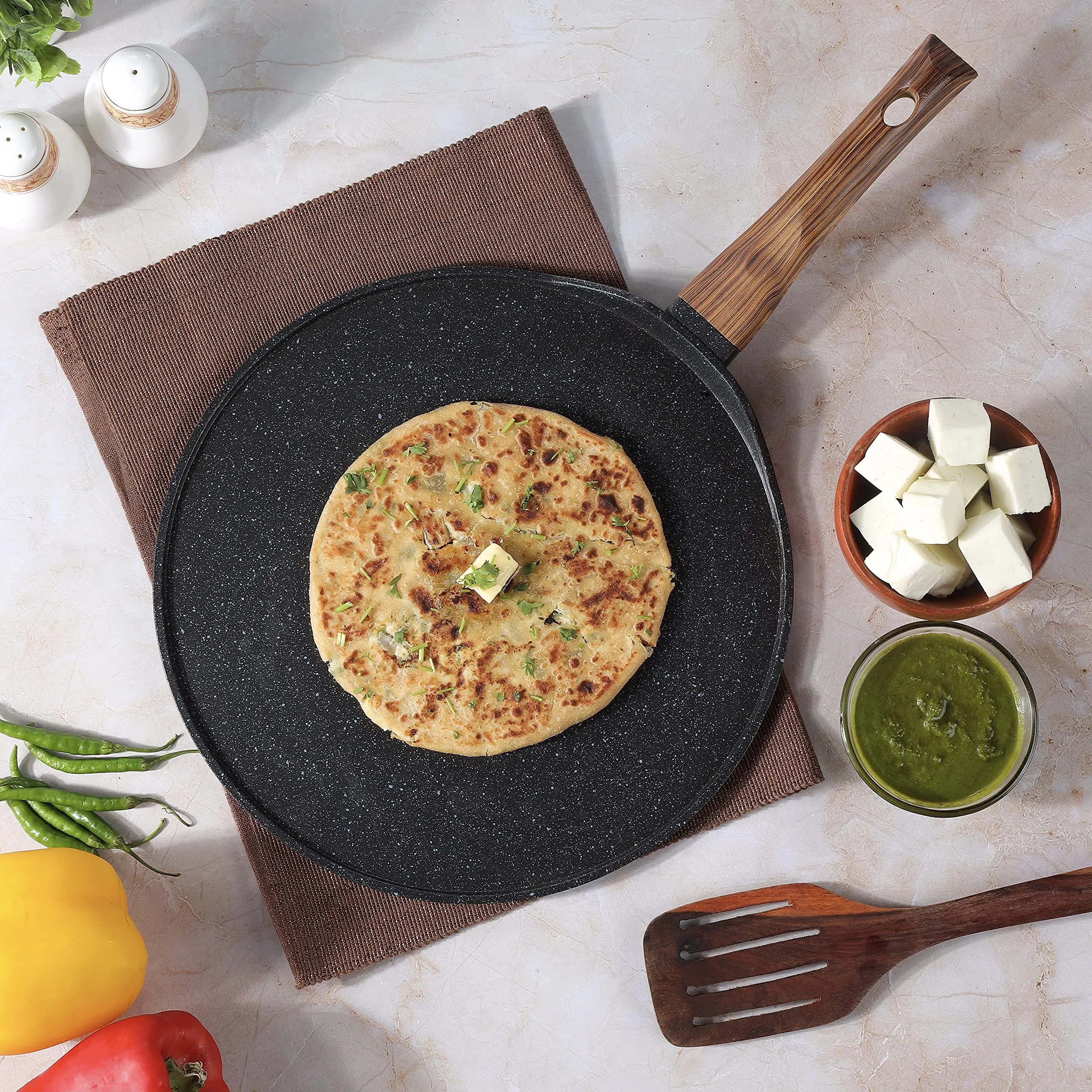 Vinod Zest Plus Aluminium Die Cast Non Stick Roti / Chapati Tawa - 31 cm | 5mm Thick | 5 Layer Coating | Scratch Proof | Wooden Finish Handle | Induction Base - 1 Year Warranty