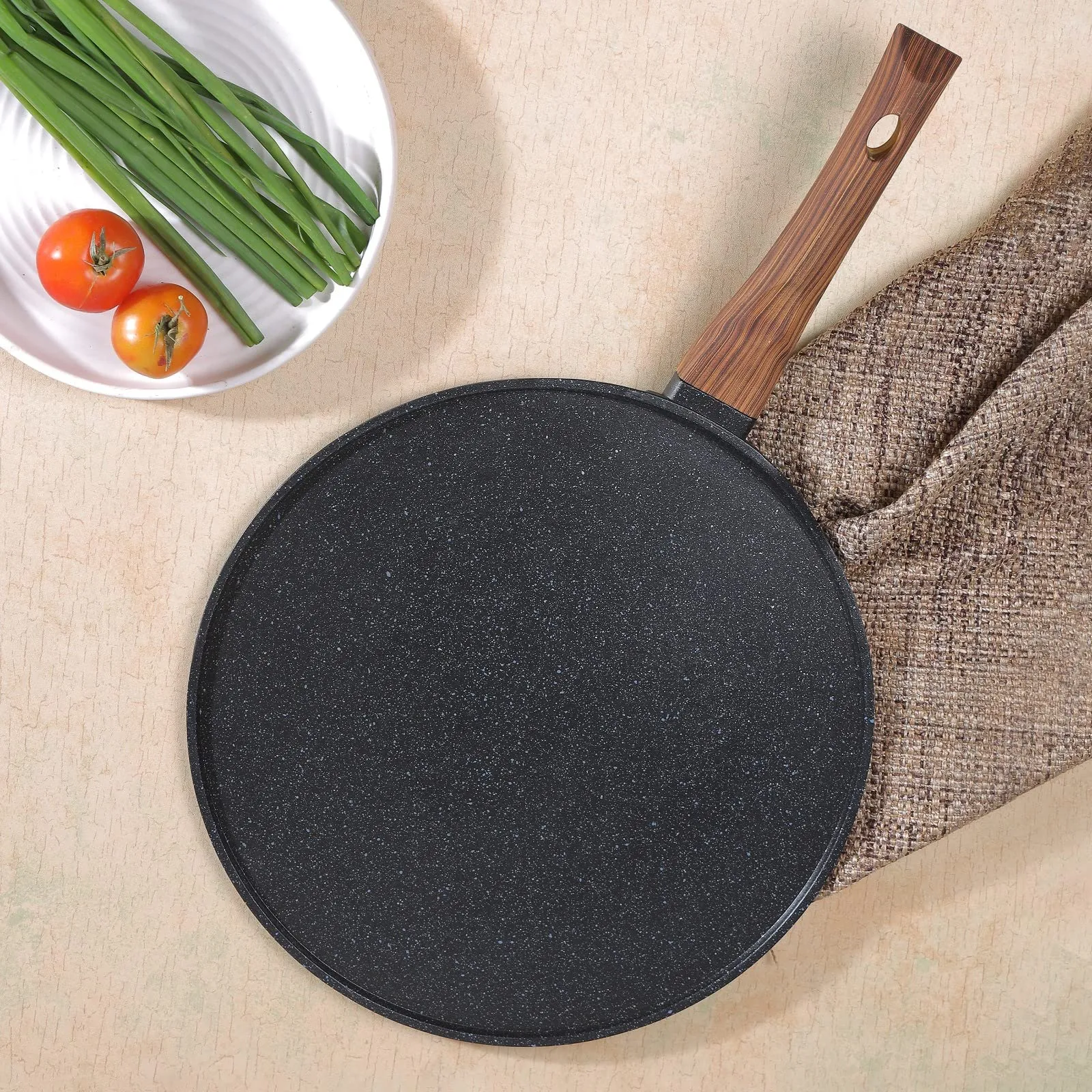 Vinod Zest Plus Aluminium Die Cast Non Stick Roti / Chapati Tawa - 31 cm | 5mm Thick | 5 Layer Coating | Scratch Proof | Wooden Finish Handle | Induction Base - 1 Year Warranty