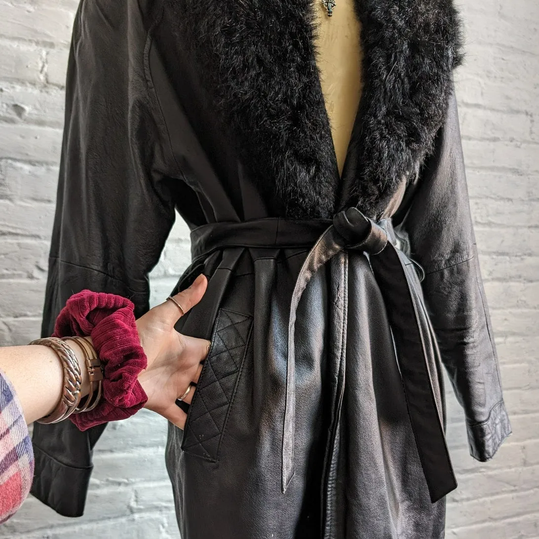 Vintage Black Leather Penny Lane Coat Fur Trench Minimalist Goth Furry Jacket