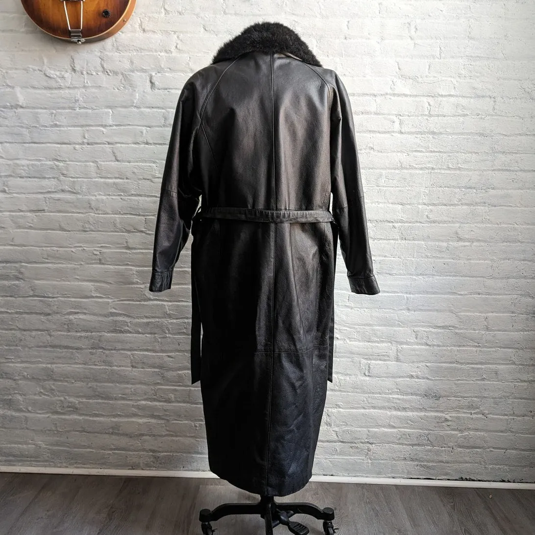 Vintage Black Leather Penny Lane Coat Fur Trench Minimalist Goth Furry Jacket