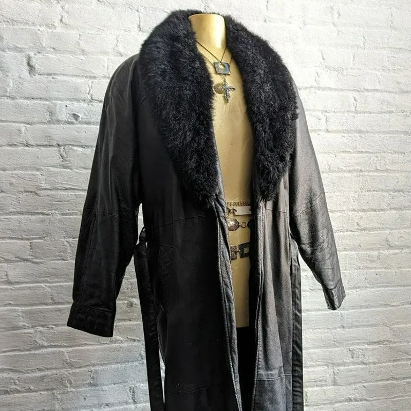 Vintage Black Leather Penny Lane Coat Fur Trench Minimalist Goth Furry Jacket