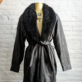 Vintage Black Leather Penny Lane Coat Fur Trench Minimalist Goth Furry Jacket