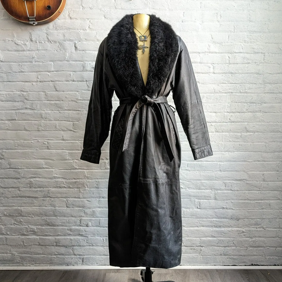 Vintage Black Leather Penny Lane Coat Fur Trench Minimalist Goth Furry Jacket