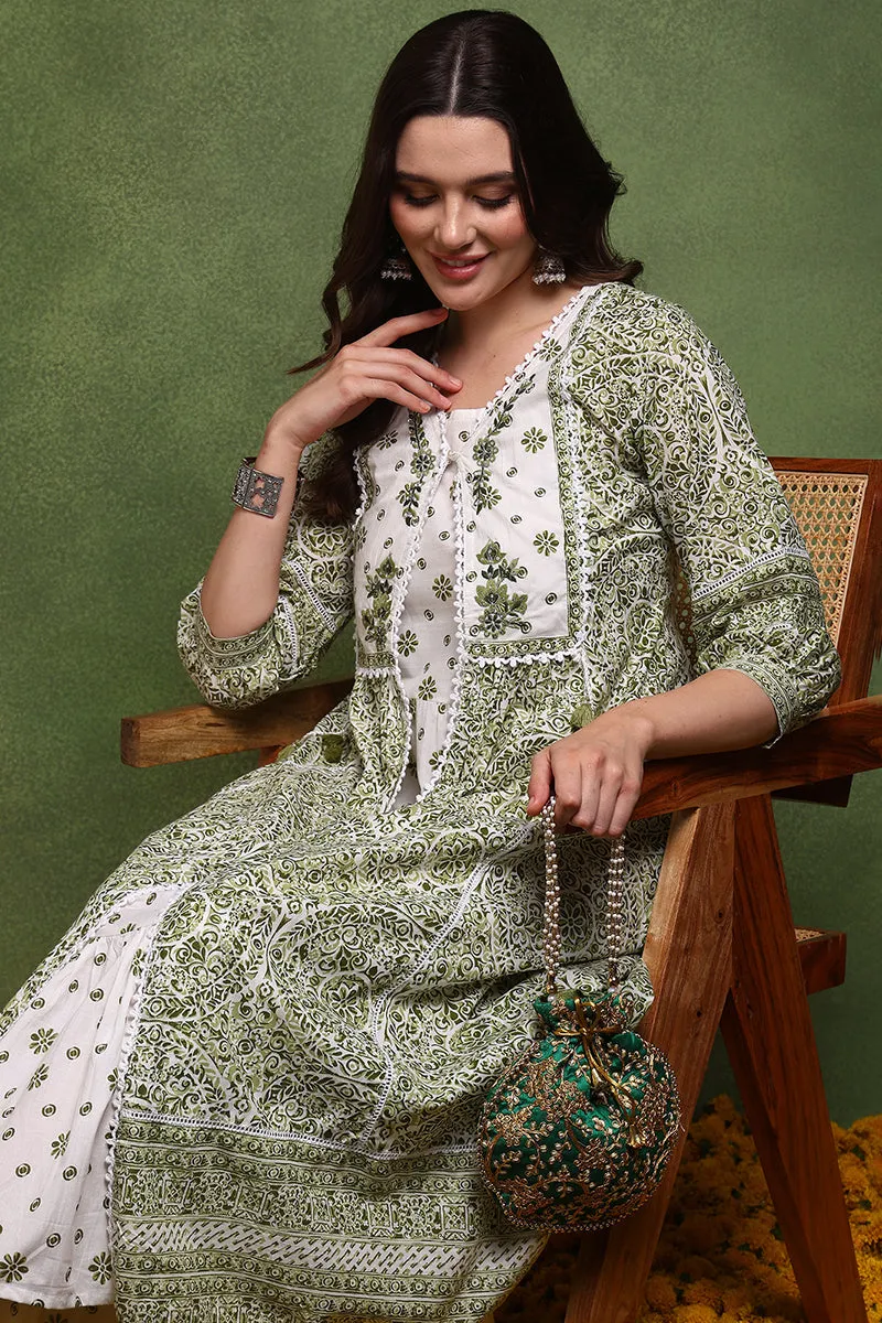 White And Olive Cotton Ethnic Motifs Printed Maxi Ethnic Dress With Longline Shrug