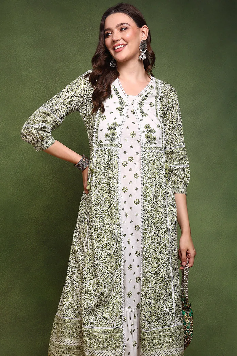 White And Olive Cotton Ethnic Motifs Printed Maxi Ethnic Dress With Longline Shrug