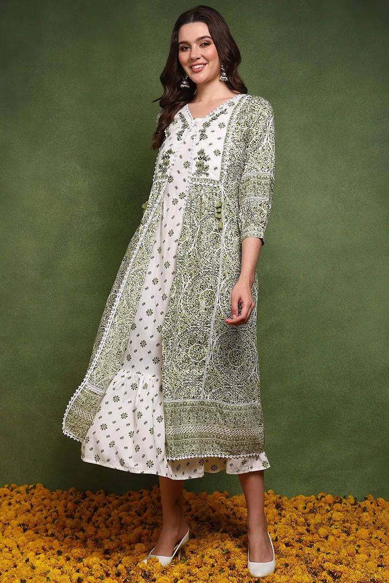 White And Olive Cotton Ethnic Motifs Printed Maxi Ethnic Dress With Longline Shrug