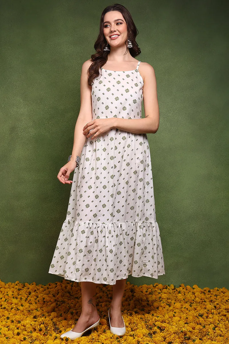 White And Olive Cotton Ethnic Motifs Printed Maxi Ethnic Dress With Longline Shrug