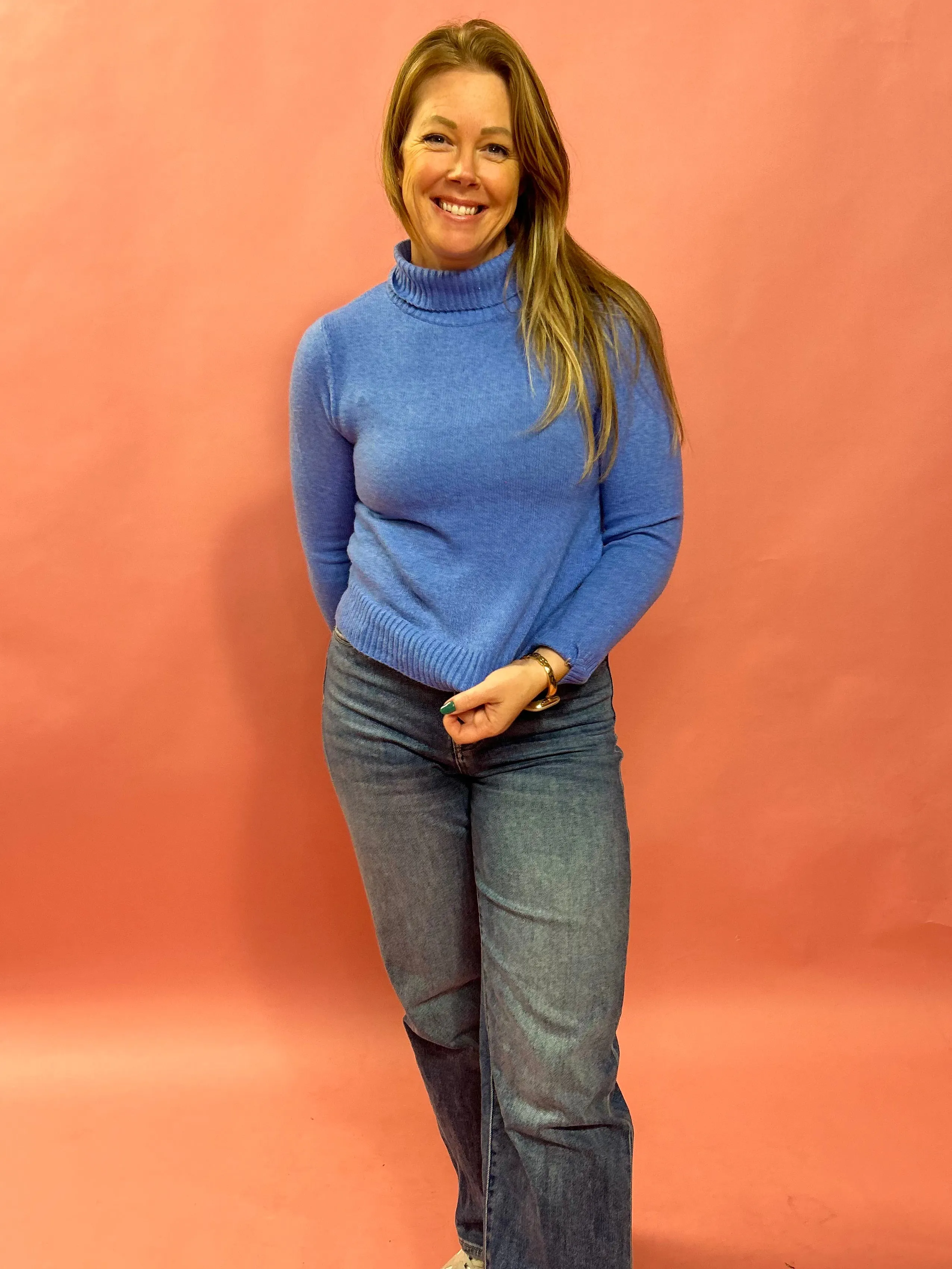 Whitney Long Sleeve Turtle Neck Knit Top in Blue