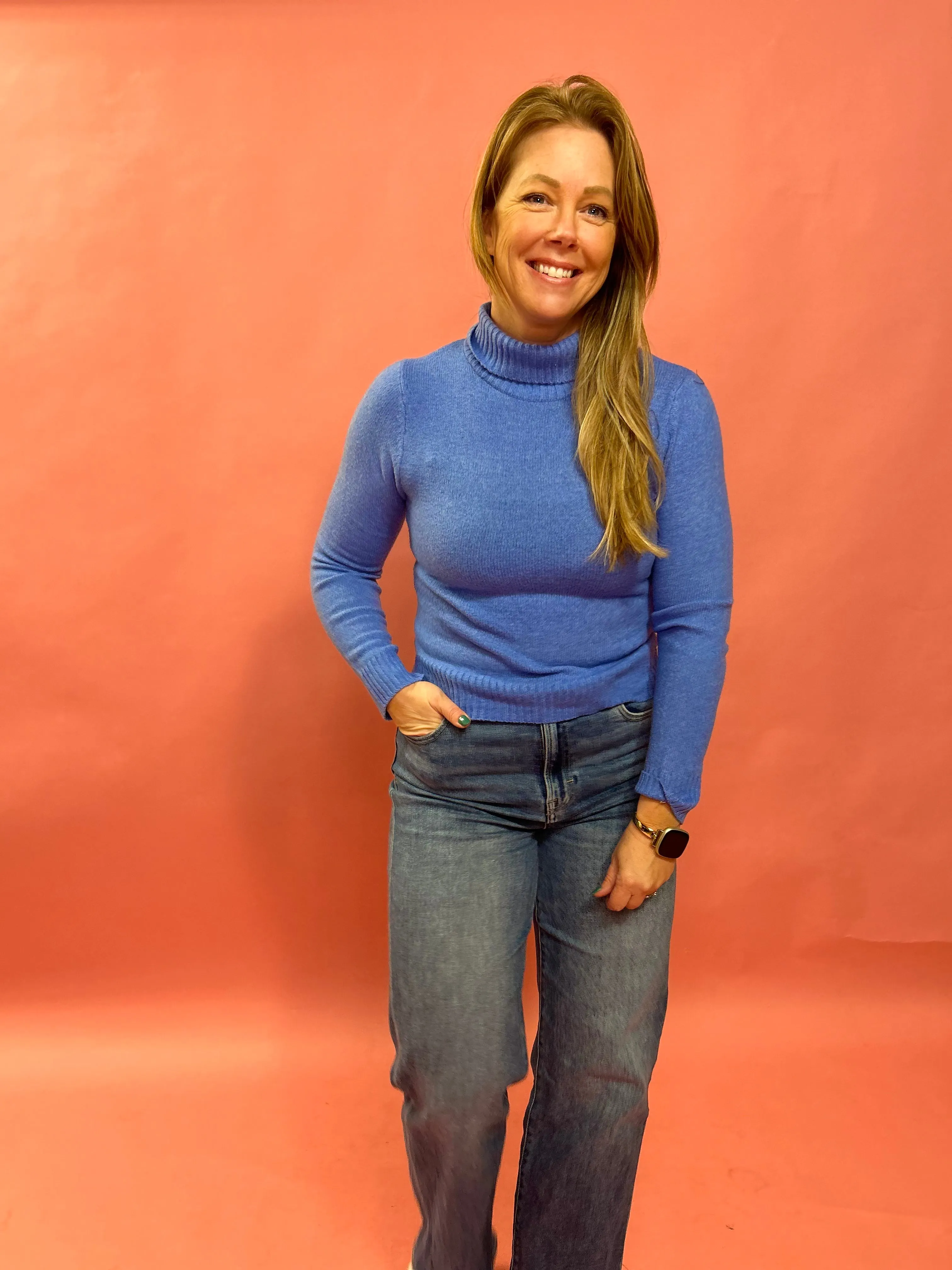 Whitney Long Sleeve Turtle Neck Knit Top in Blue