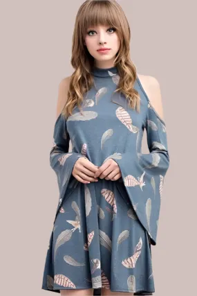 Wide Bell Sleeve Open Shoulder Dress - Dusty Navy