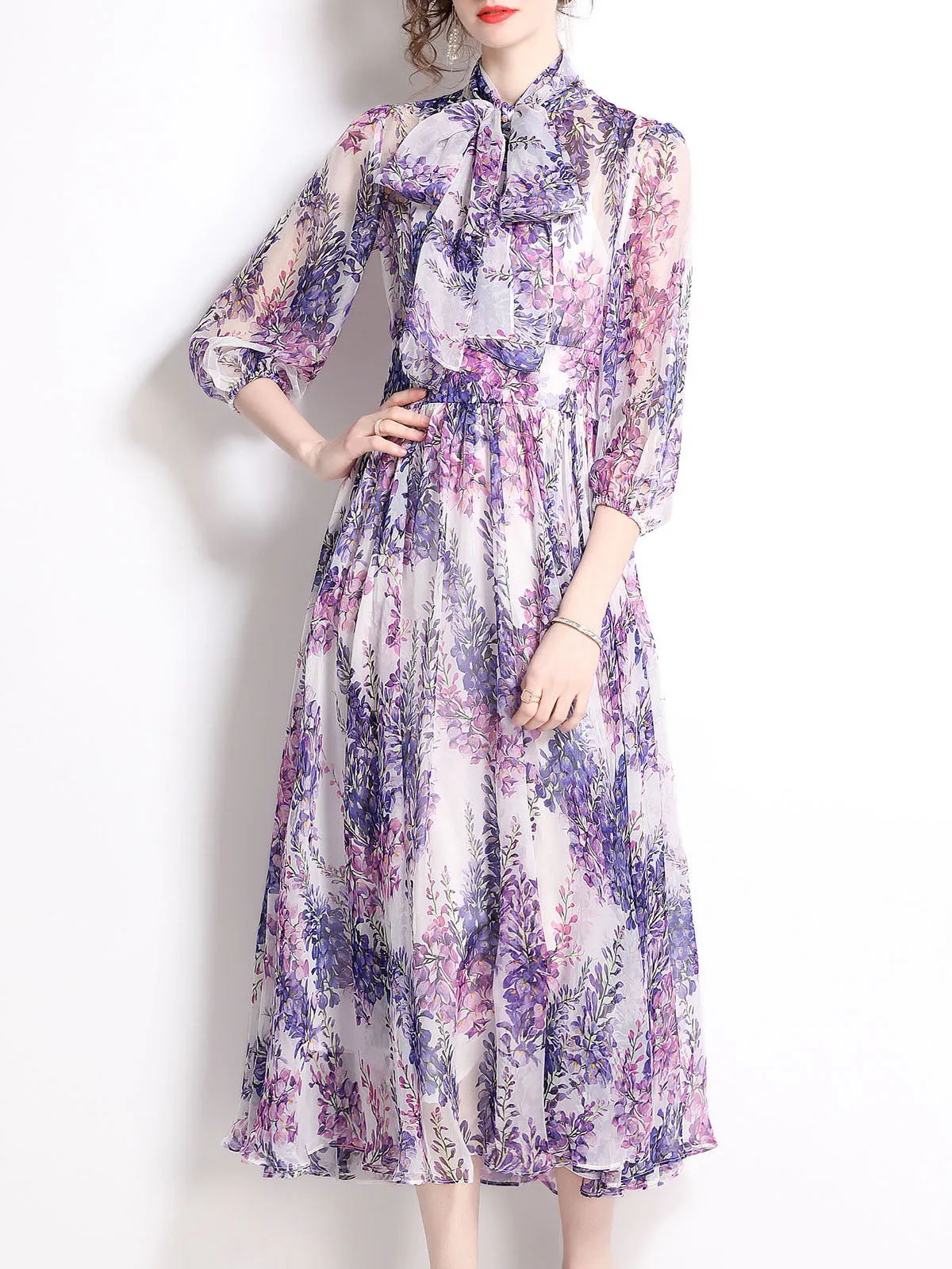 Wisteria Floral Bowknot Collar 3/4 Sleeves Swing Boho Dress Beach Party Maxi Dress