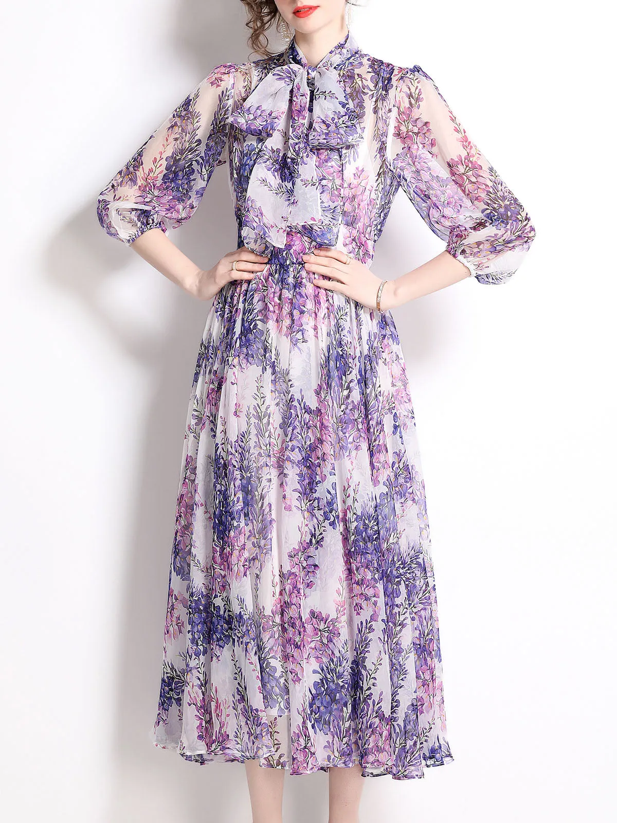 Wisteria Floral Bowknot Collar 3/4 Sleeves Swing Boho Dress Beach Party Maxi Dress