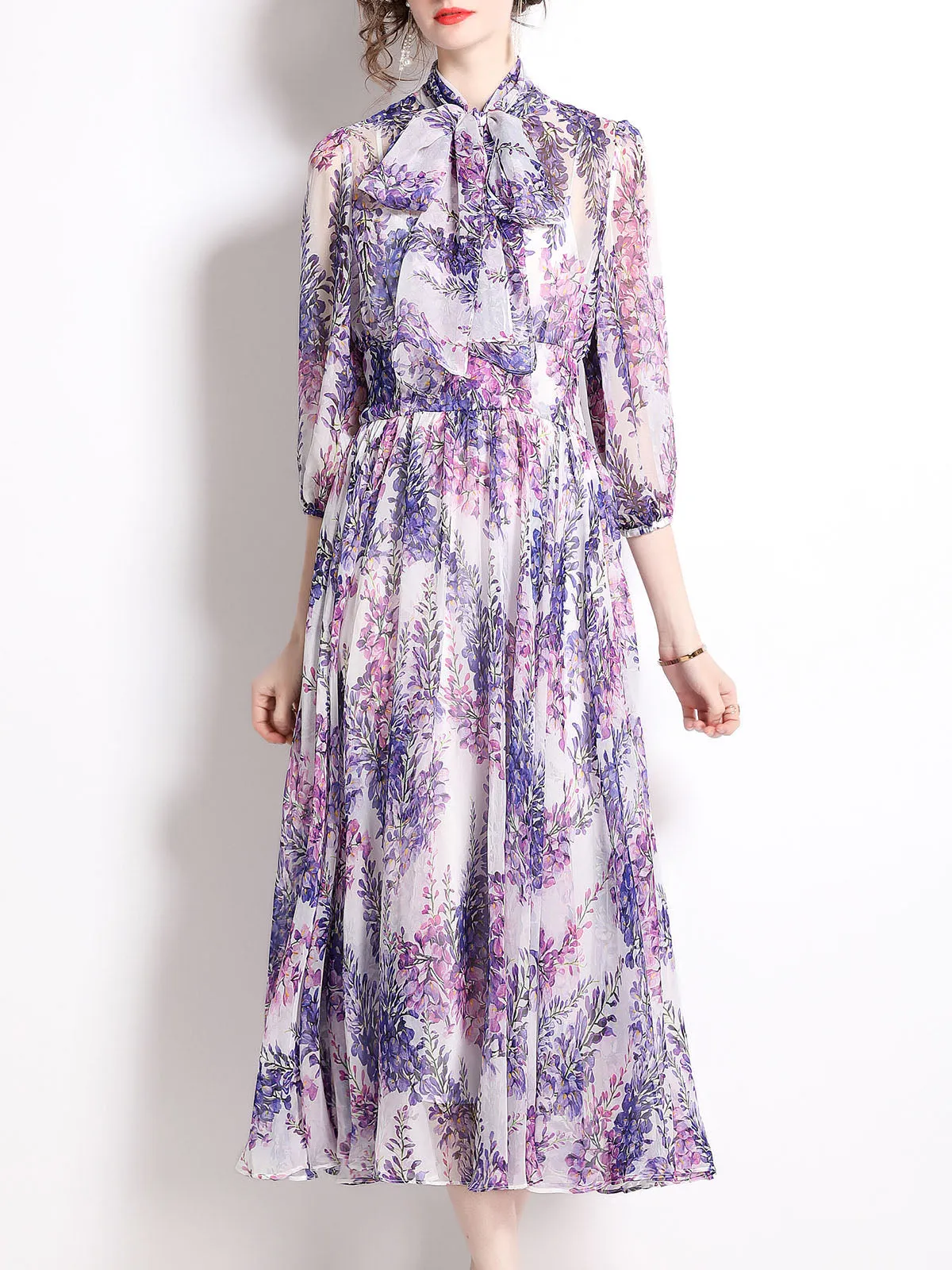 Wisteria Floral Bowknot Collar 3/4 Sleeves Swing Boho Dress Beach Party Maxi Dress