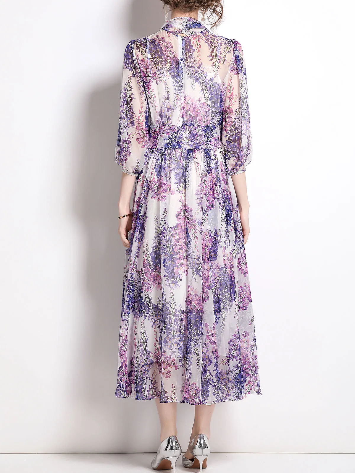 Wisteria Floral Bowknot Collar 3/4 Sleeves Swing Boho Dress Beach Party Maxi Dress